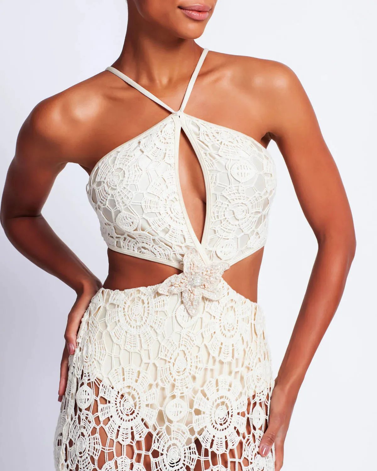 Patbo - Embroidered Crochet Halterneck Dress - Wheat sold by Jessie Boutique product image thumbnail 4