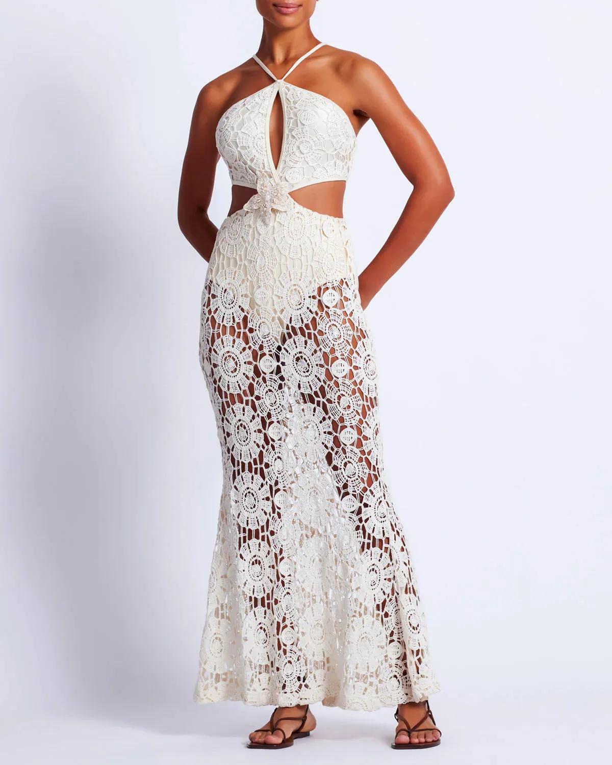 Patbo - Embroidered Crochet Halterneck Dress - Wheat sold by Jessie Boutique