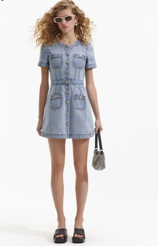 Self-portrait - Denim Buttoned Mini Dress - Light Blue sold by Jessie Boutique
