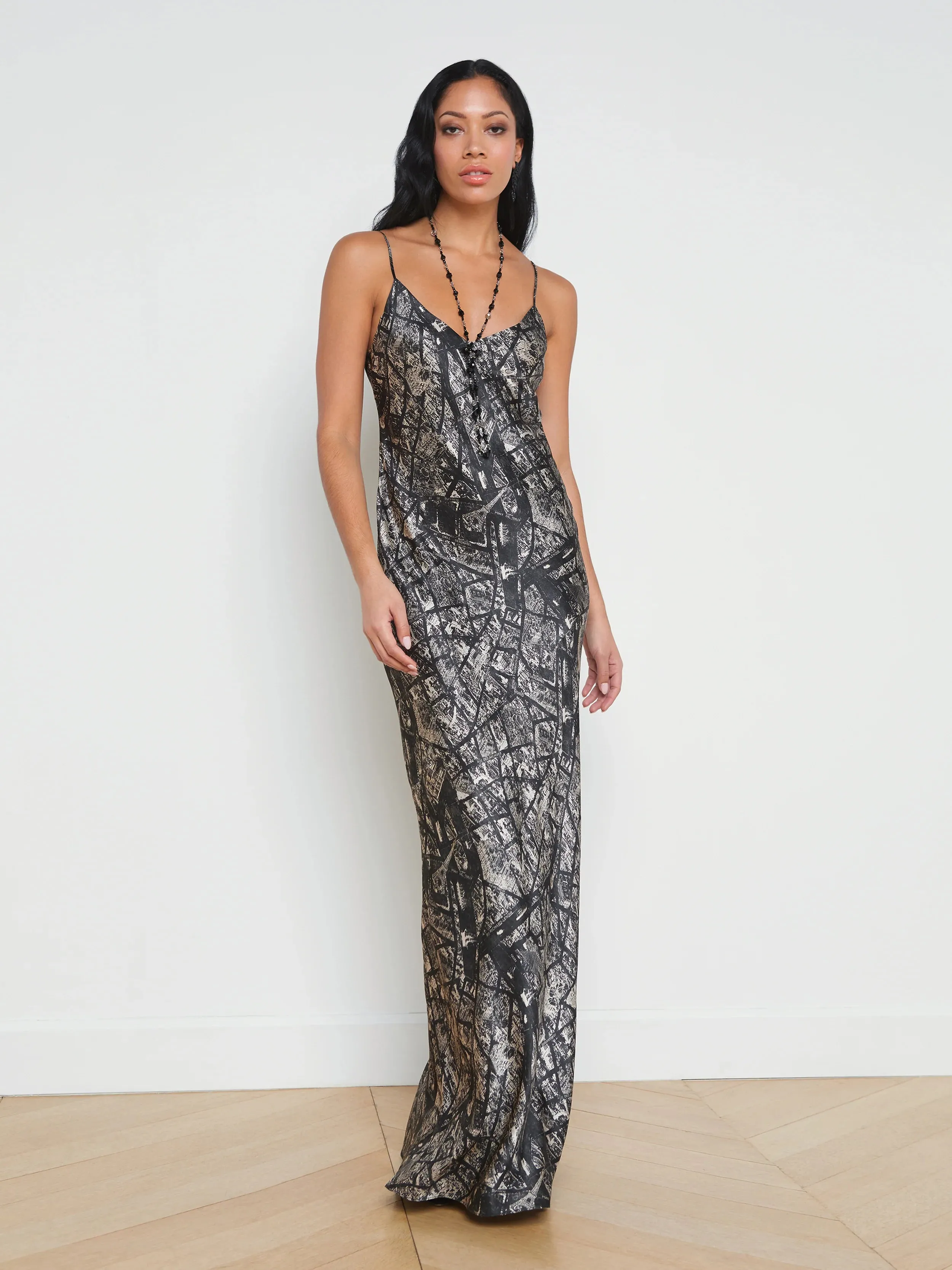 L’agence - Serita Silk Slip Dress - Black/Ecru Map of Paris sold by Jessie Boutique