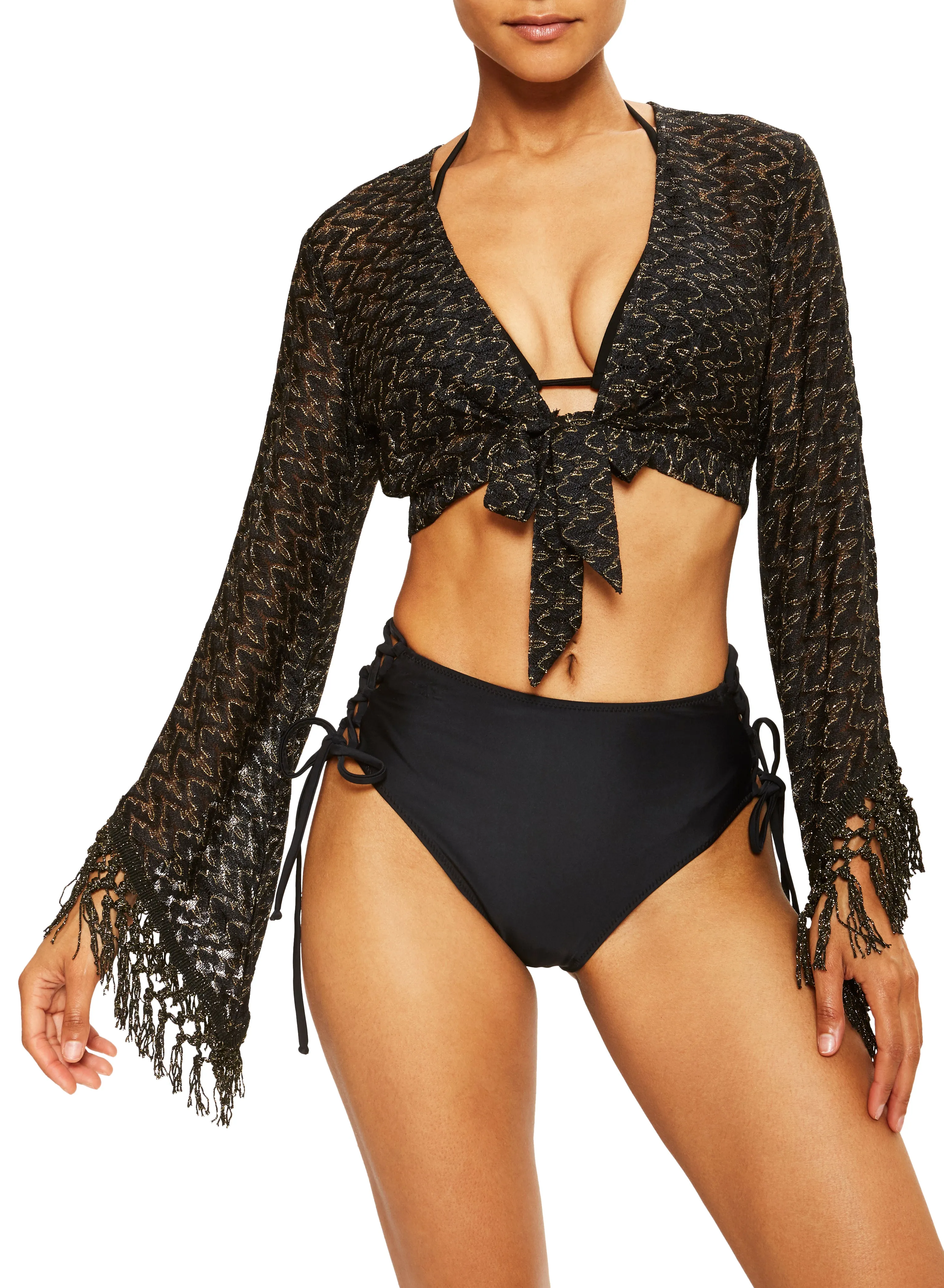 Ramy Brook - Elvira Coverup Crop Top - Black/Gold Zigzag sold by Jessie Boutique