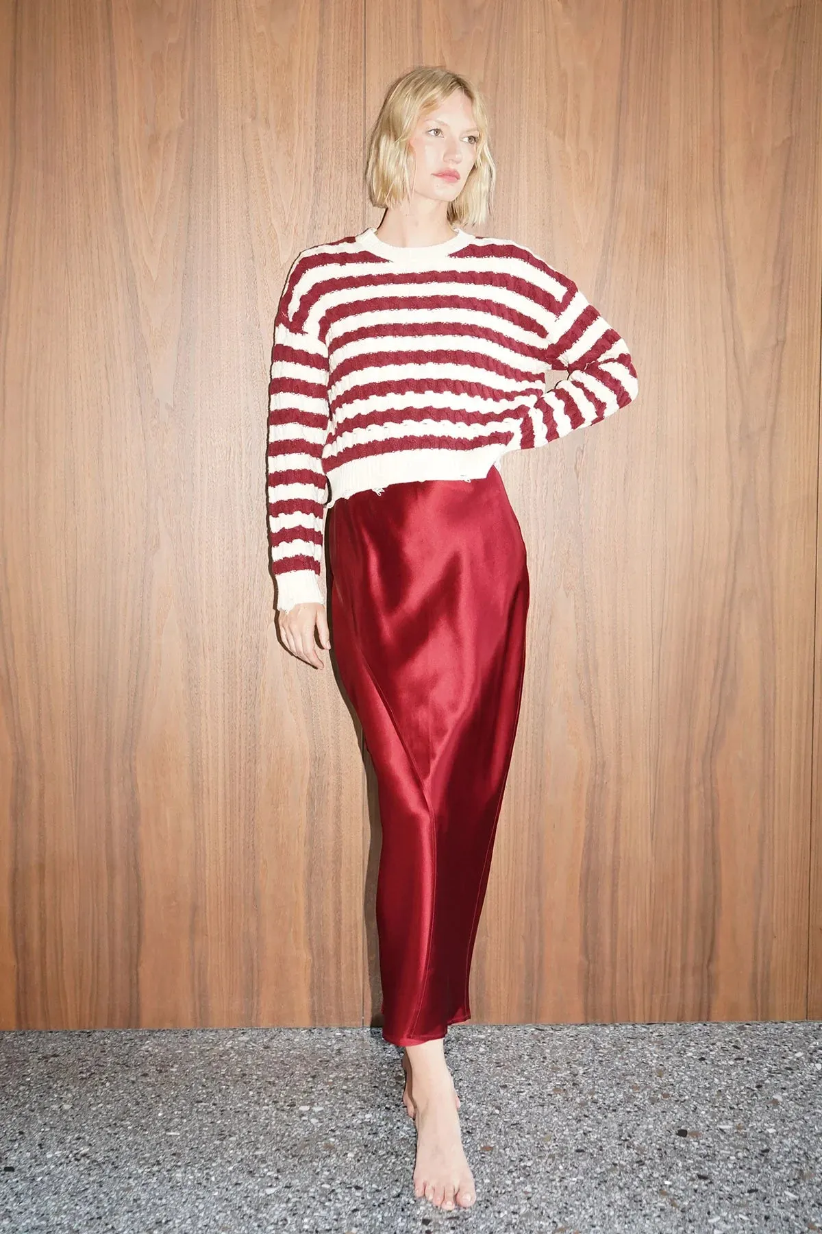 LNA - Devi Distressed Cable Knit Sweater - Ivory Burgundy Stripe sold by Jessie Boutique product image thumbnail 2