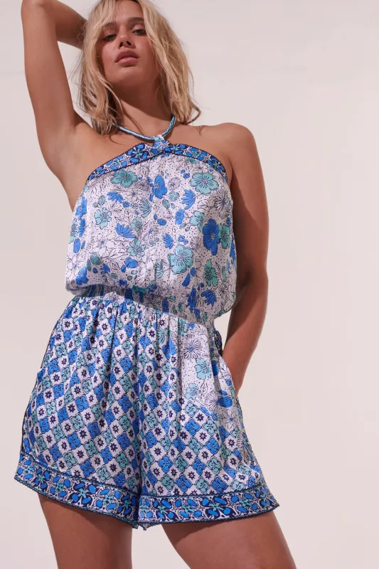 Poupette St Barth - Short Jumpsuit Isabelle - White Green Diagonal Batik sold by Jessie Boutique