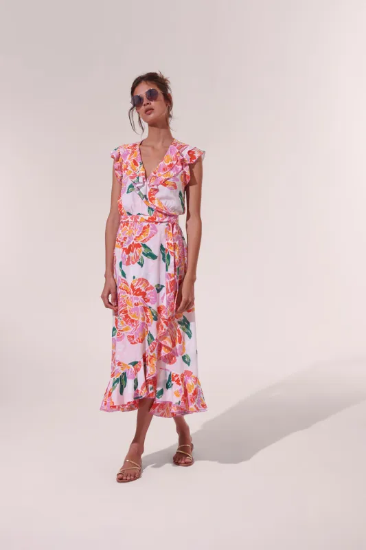 Poupette St. Barth - Midi Dress Aude - Orange Macro Peony sold by Jessie Boutique