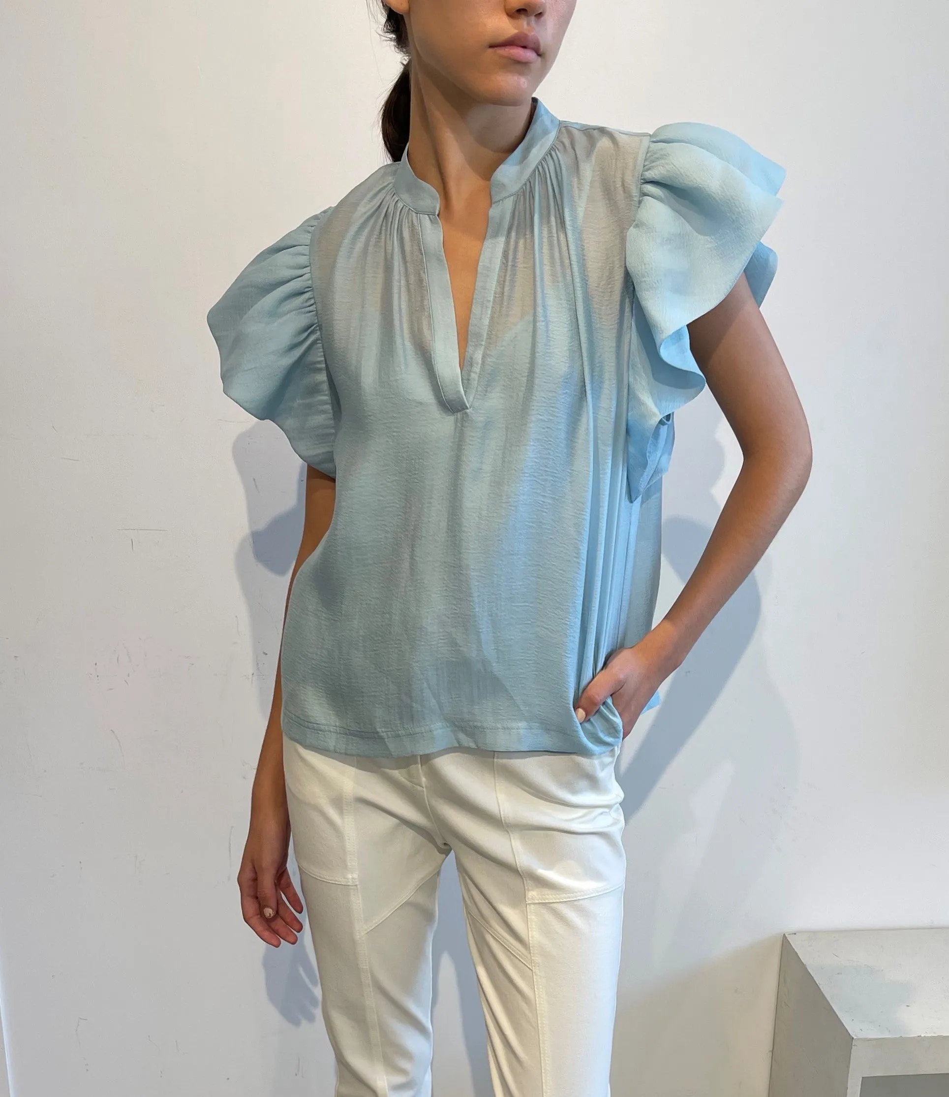 Jonathan Simkhai - Ayme Organy Ruffle Sleeve Top - Celeste Blue sold by Jessie Boutique
