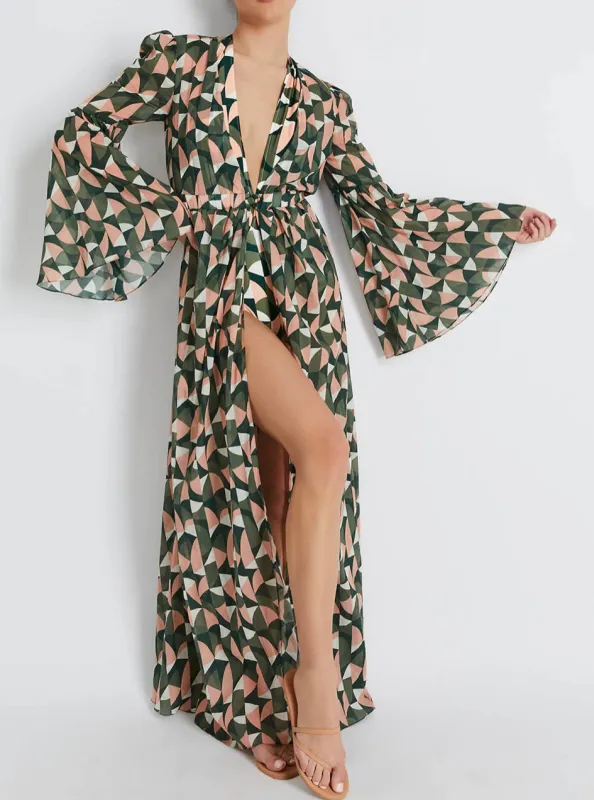 Patbo - Plitka Bell Sleeve Cotton Robe - Olive sold by Jessie Boutique