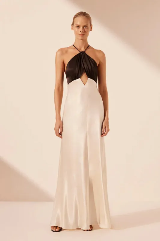 Shona Joy - Lino Cross Back Halter Maxi Dress - Cream/Black sold by Jessie Boutique