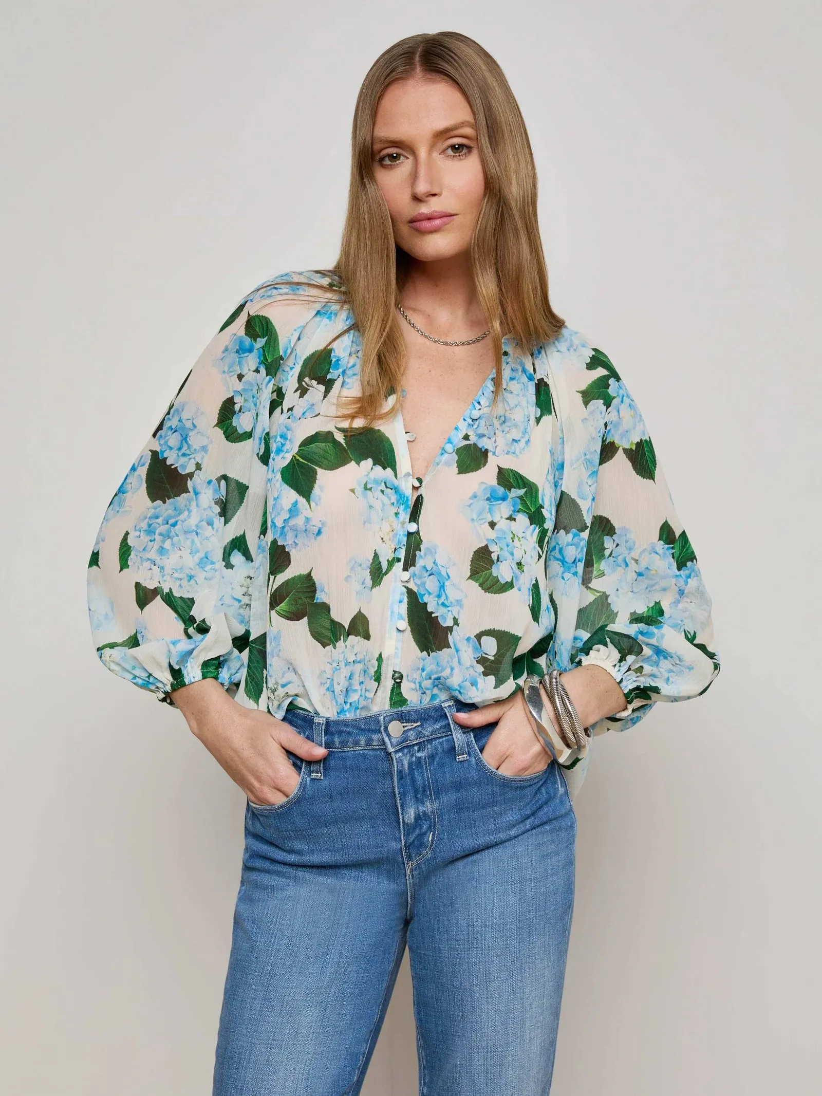 L'agence - Teagan Blouse - Ivory/Light Blue Hydrangea sold by Jessie Boutique