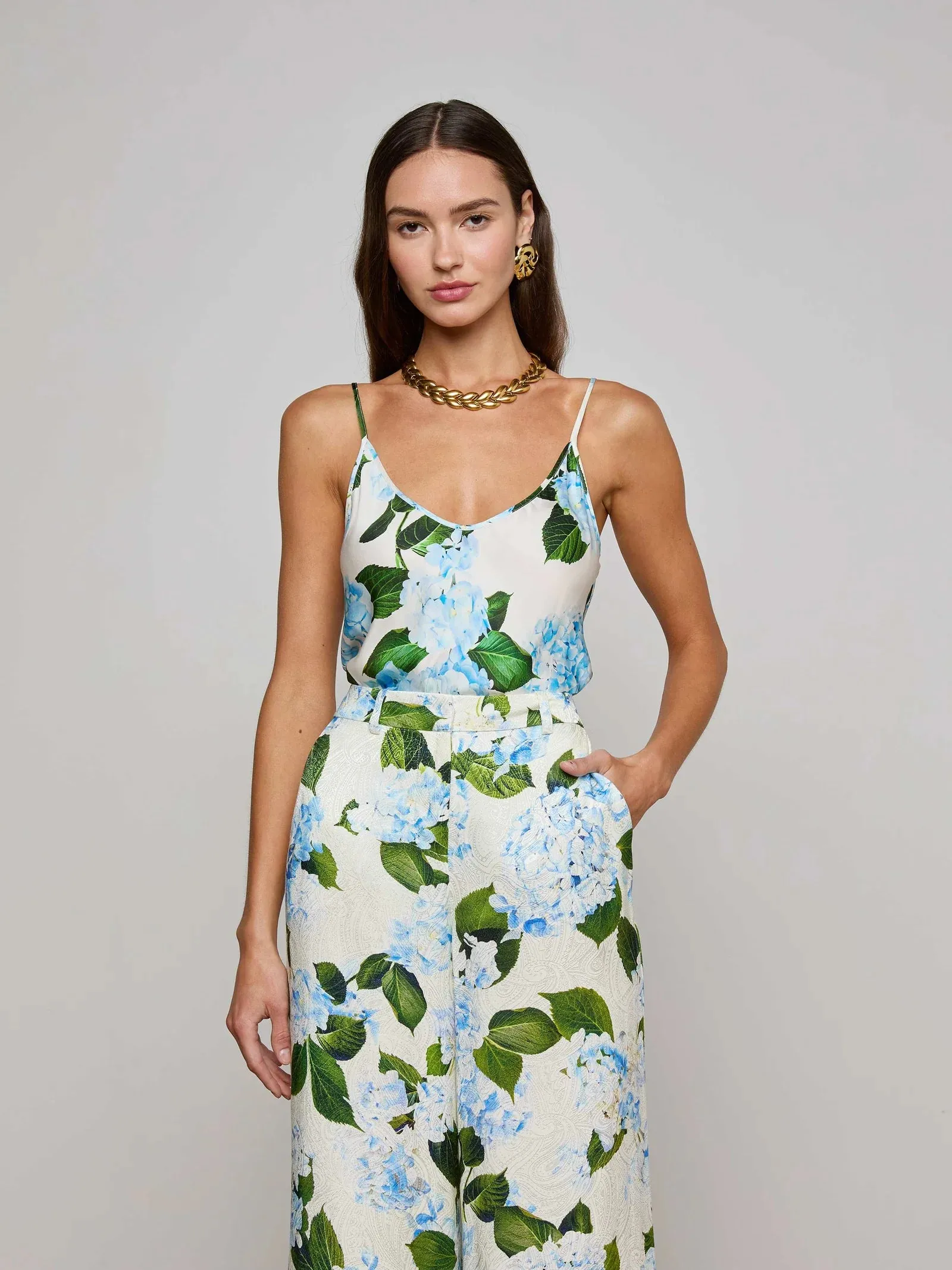 L'agence - Lexi Satin Camisole - Ivory/Light Blue Large Hydrangea sold by Jessie Boutique