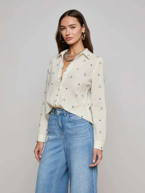 L'agence - Laurent Embroidered Blouse - Ecru/Blue Multi Flower Embroidery sold by Jessie Boutique