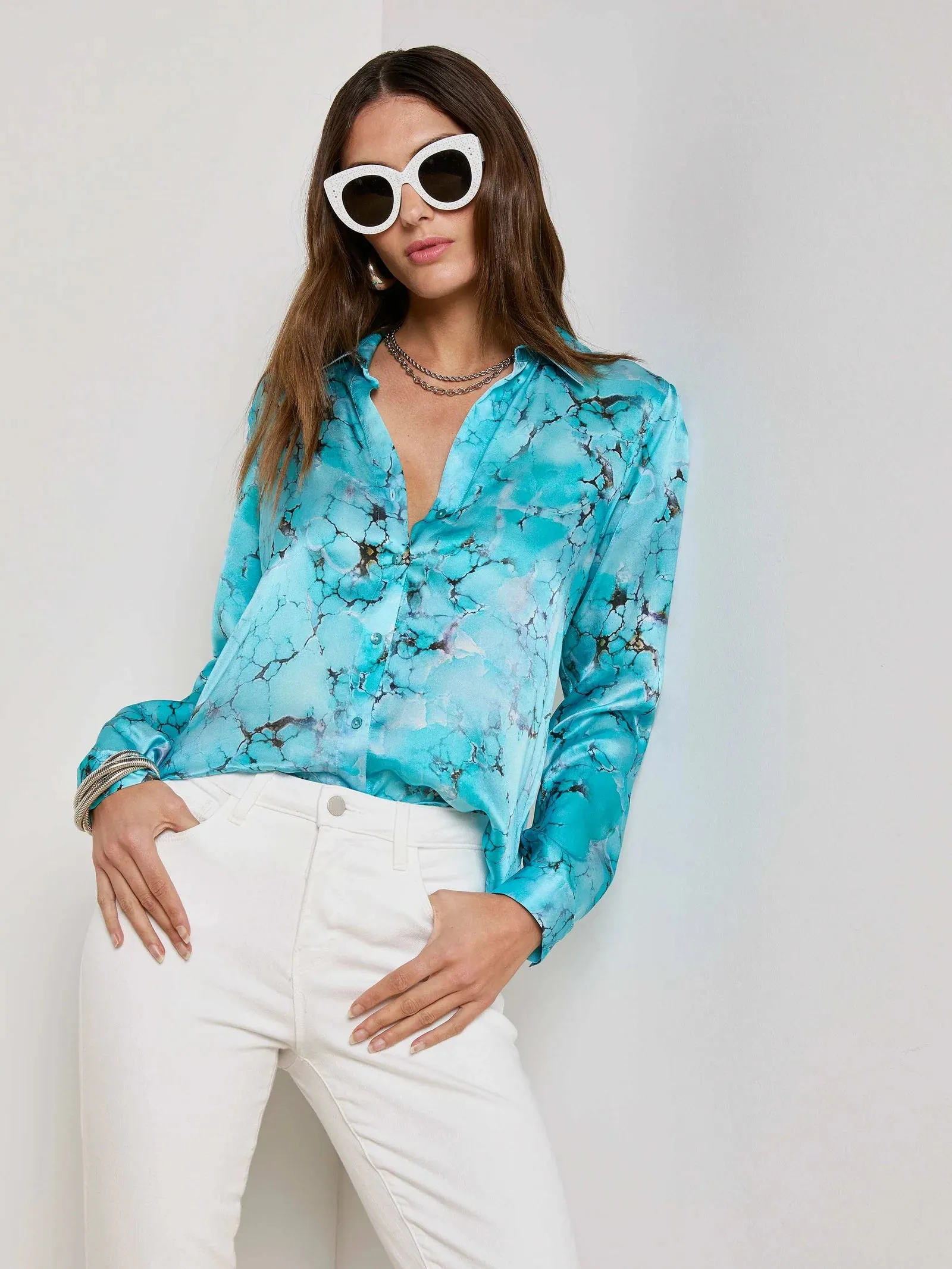 L'agence - Tyler Silk Blouse - Multi Turquoise Stone sold by Jessie Boutique