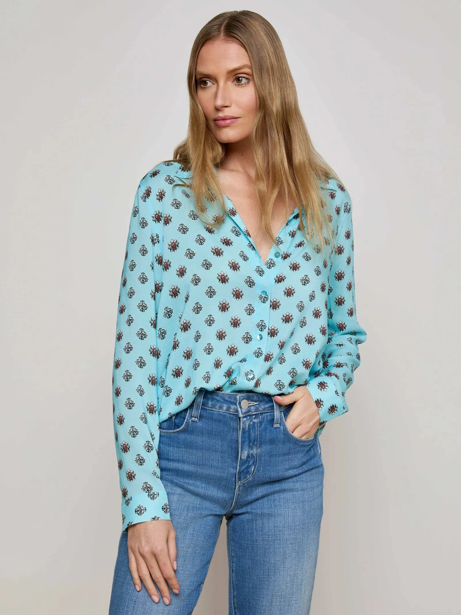 L'agence - Holly Blouse - Light Turquoise/Coral Stone Foula sold by Jessie Boutique