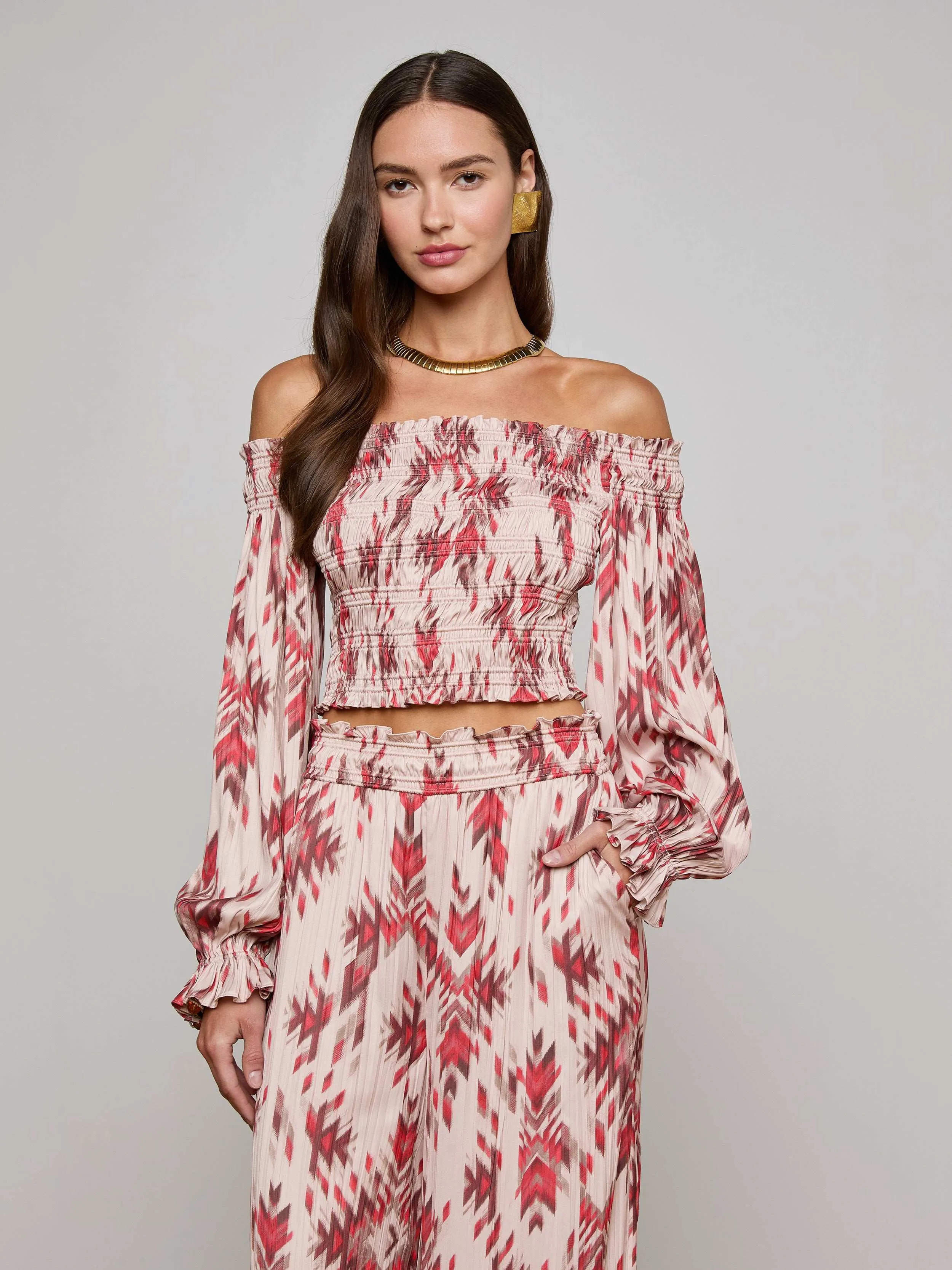 L’agence - Graciela Off-Shoulder Top - Tan Multi Ganado Print sold by Jessie Boutique