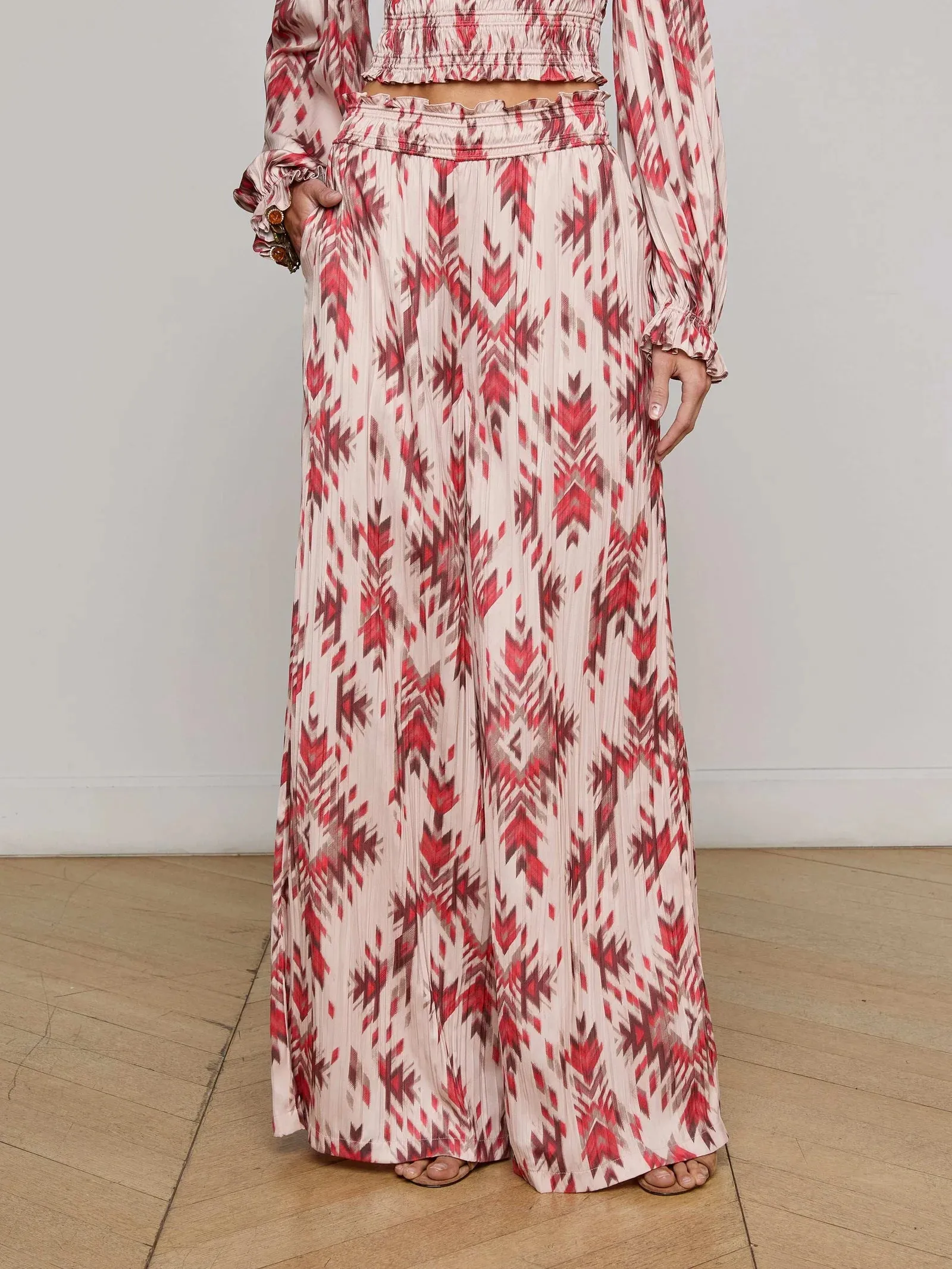 L’agence - Lyra Satin Wide-Leg Pant - Tan Multi Ganado Print sold by Jessie Boutique product image thumbnail 3