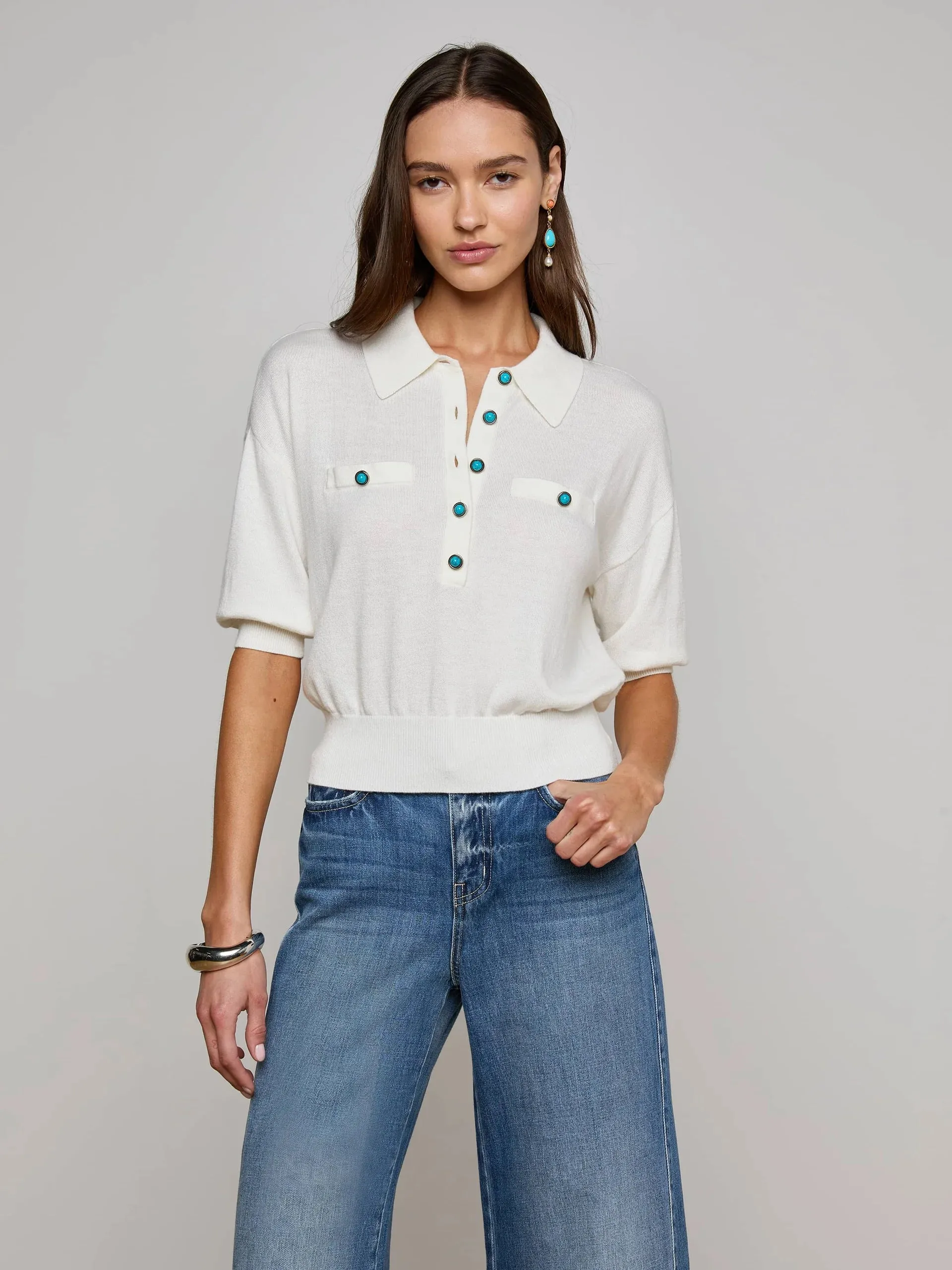 L'agence - Masaki Sweater - White/Turquoise sold by Jessie Boutique