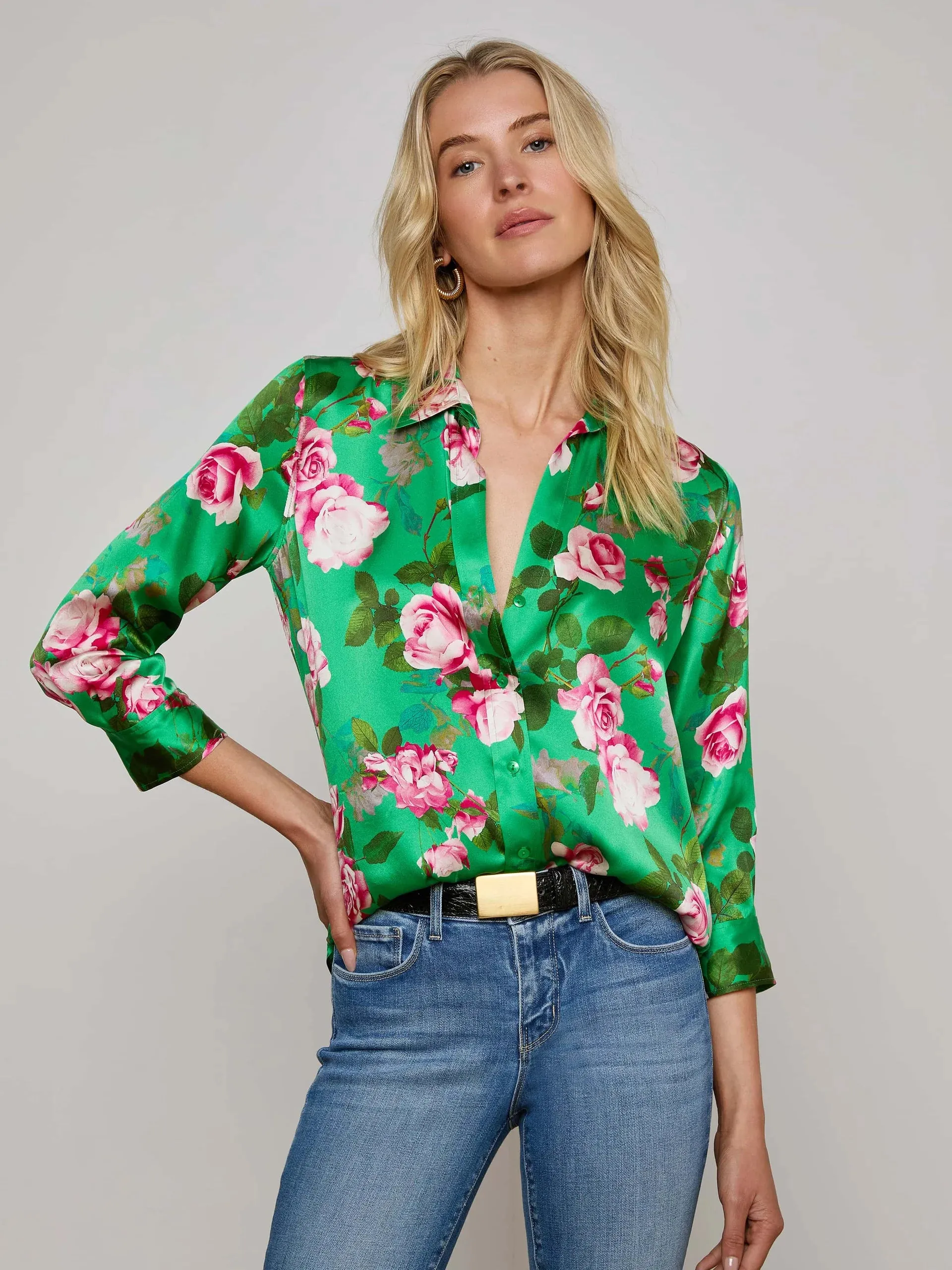L'agence - Dani Silk Blouse - Green Multi Santa Fe Rose sold by Jessie Boutique