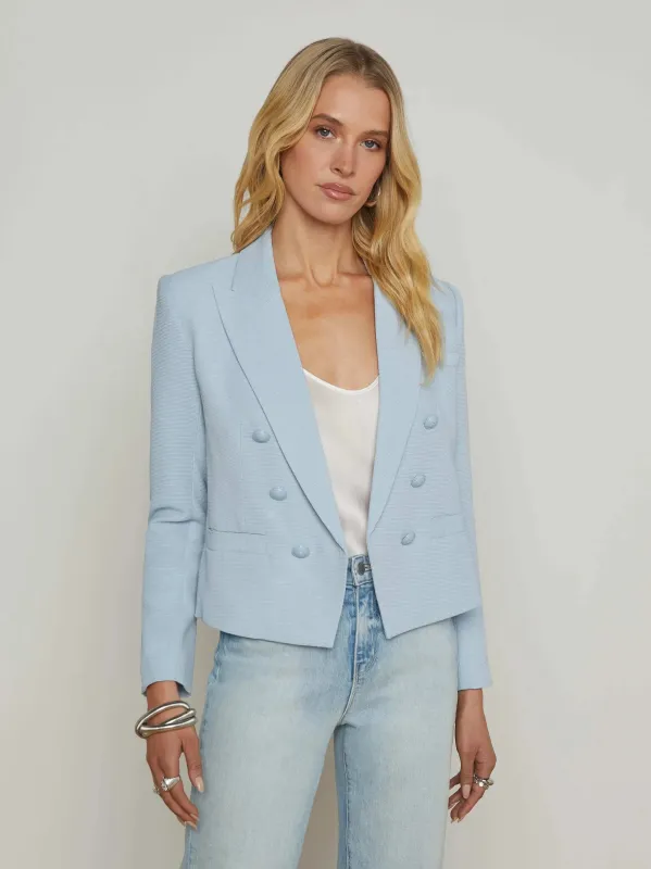 L’agence - Brooke Open-Front Blazer - Blue Fog/Scroll Toile sold by Jessie Boutique