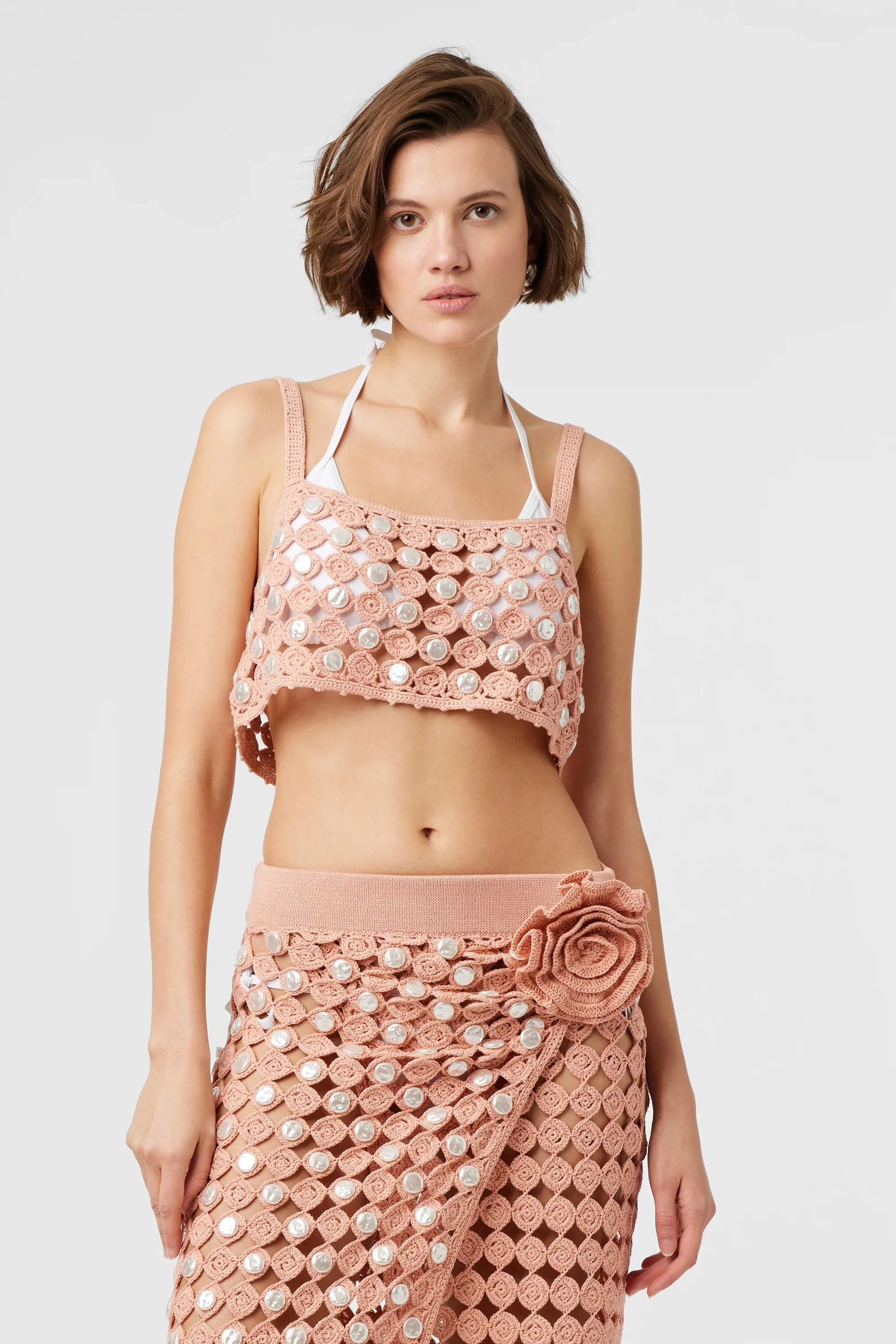 Toccin - Andrea Crochet Pearls Tank - Blush sold by Jessie Boutique