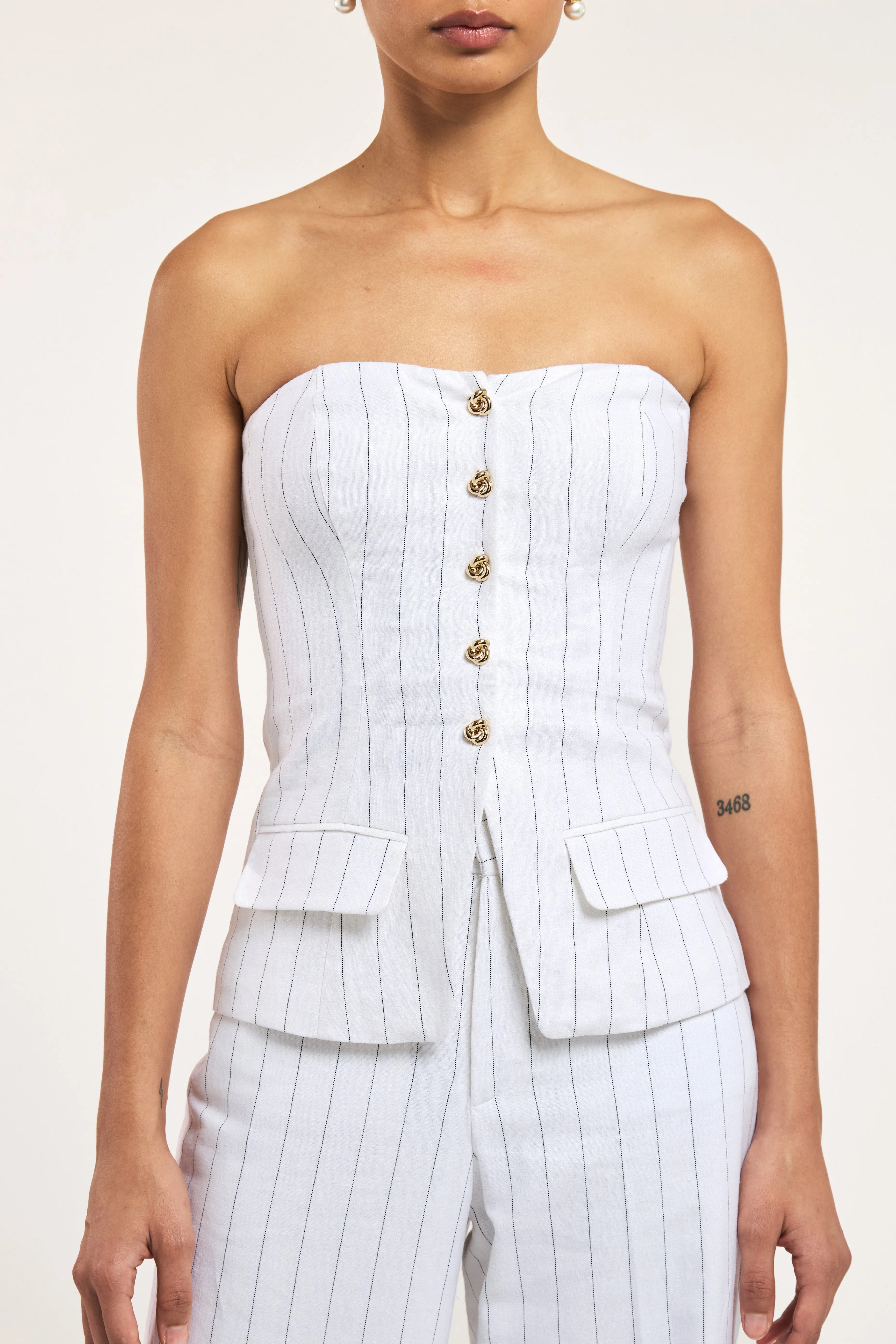 Generation Love - Quinn Pinstripe Vestier - White/Black sold by Jessie Boutique