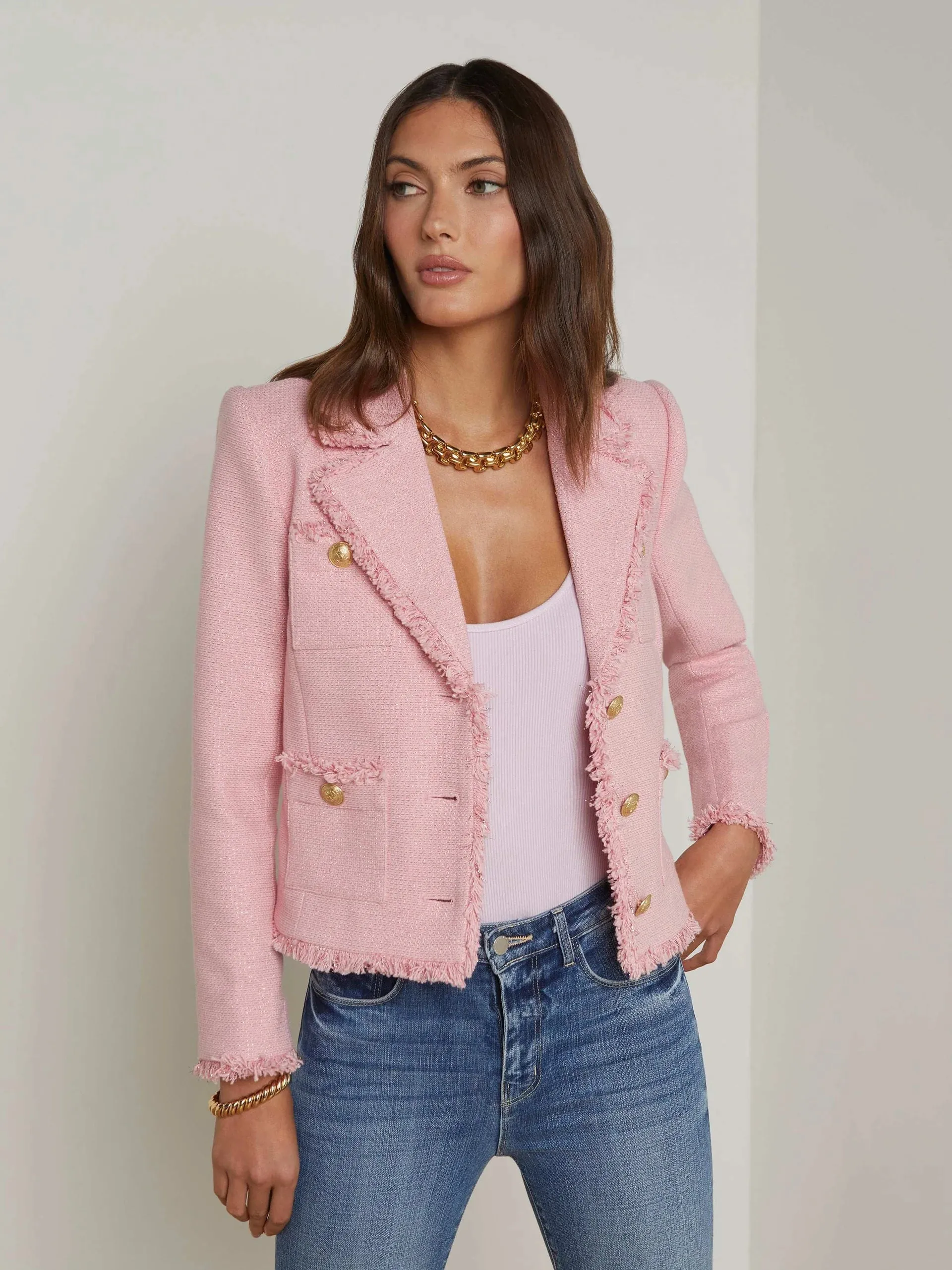L’agence - Sylvia Tweed Jacket - Pale Pink/Gold sold by Jessie Boutique