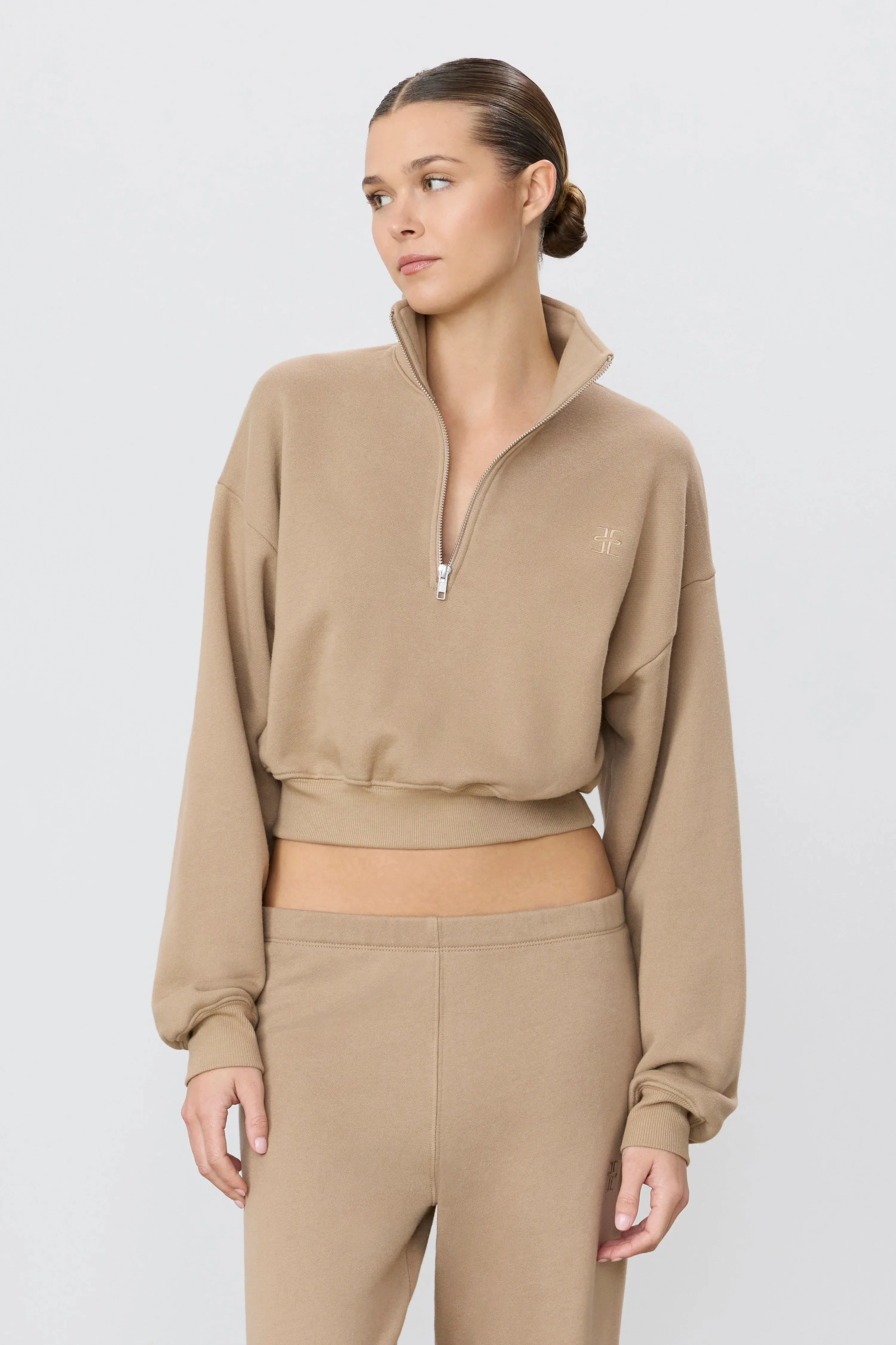Eterne - Cropped Half-Zip Sweatshirt - Taupe sold by Jessie Boutique