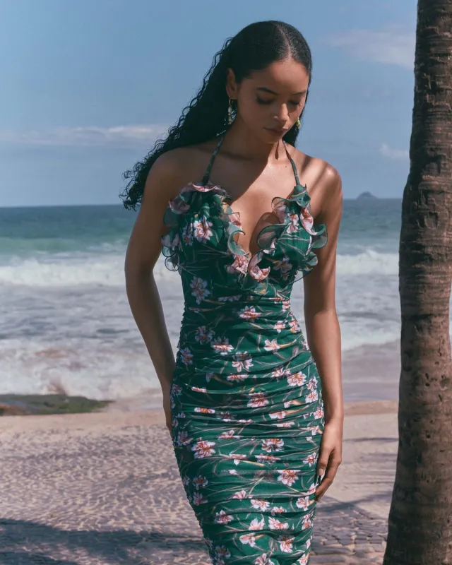 Patbo - Botanic Retro Flutter Midi Dress - Dark Green sold by Jessie Boutique