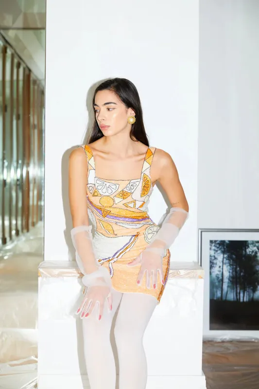 Oceanus - Palm Beach Hand-Beaded Mini Dress - Orange sold by Jessie Boutique