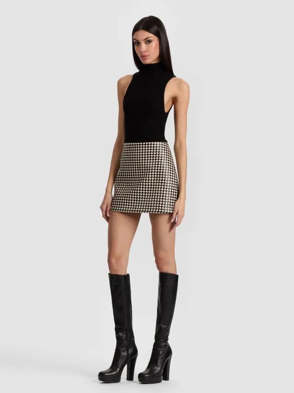 Alice + Olivia - Elana Vegan Mini Skirt - Black/Biscotti sold by Jessie Boutique