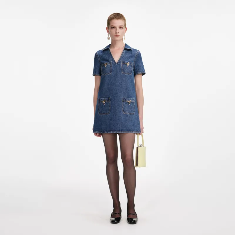Self-portrait - Crystal Bow Mini Dress -  Denim sold by Jessie Boutique
