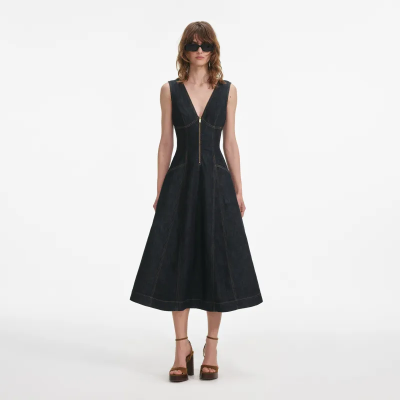 Self-portrait - Indigo Denim Midi Dress - Dark Blue Denim sold by Jessie Boutique