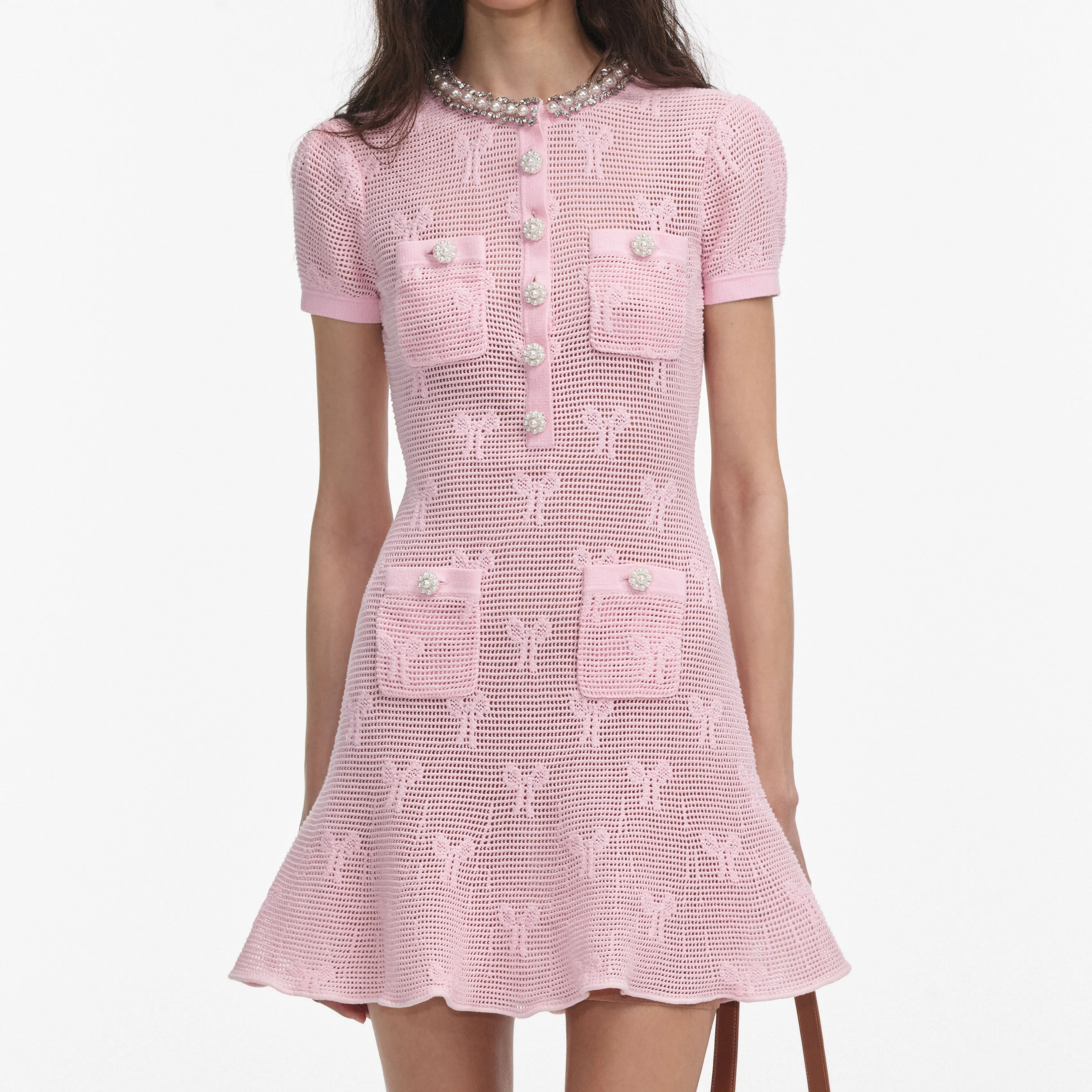 Self-portrait - Bow Crochet Crystal Trim Mini Dress - Pink sold by Jessie Boutique product image thumbnail 4