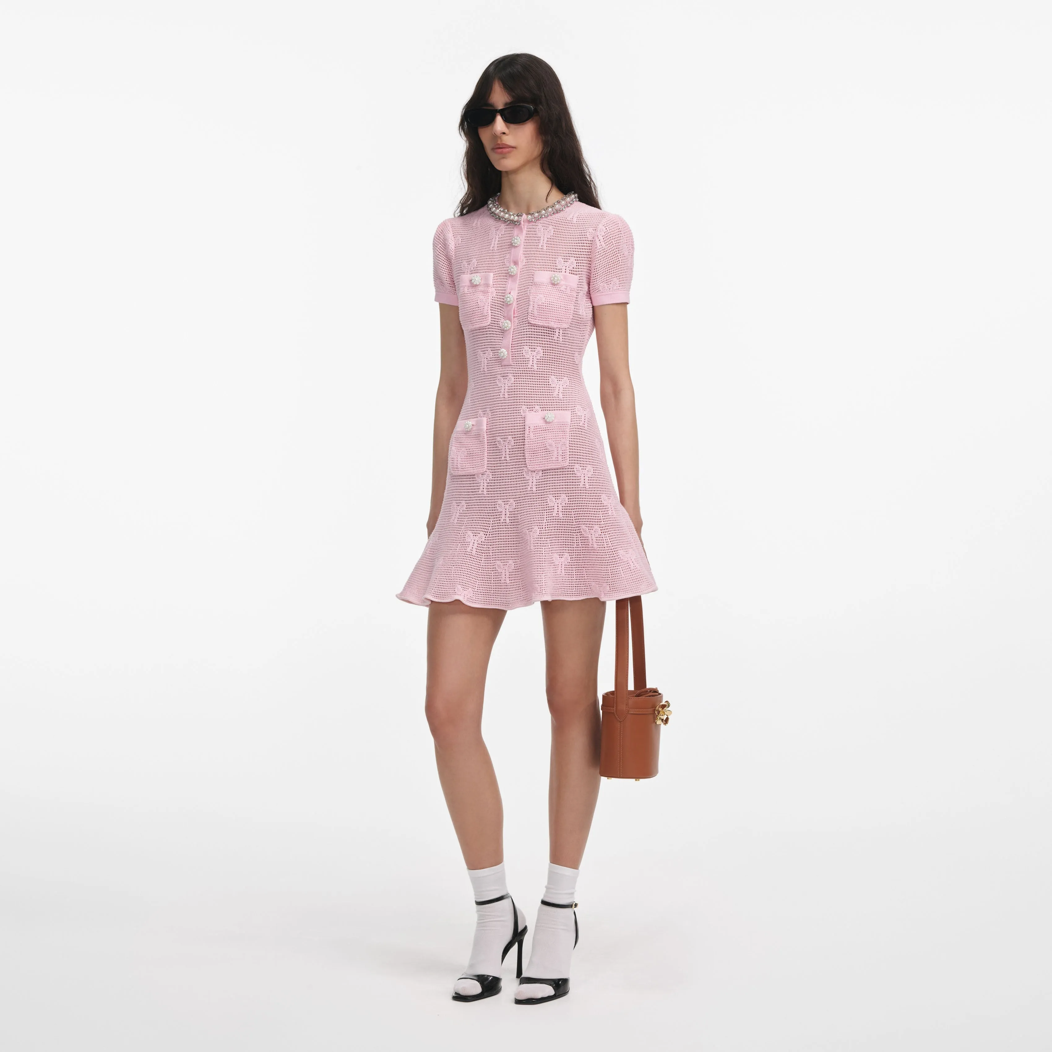 Self-portrait - Bow Crochet Crystal Trim Mini Dress - Pink sold by Jessie Boutique product image thumbnail 2