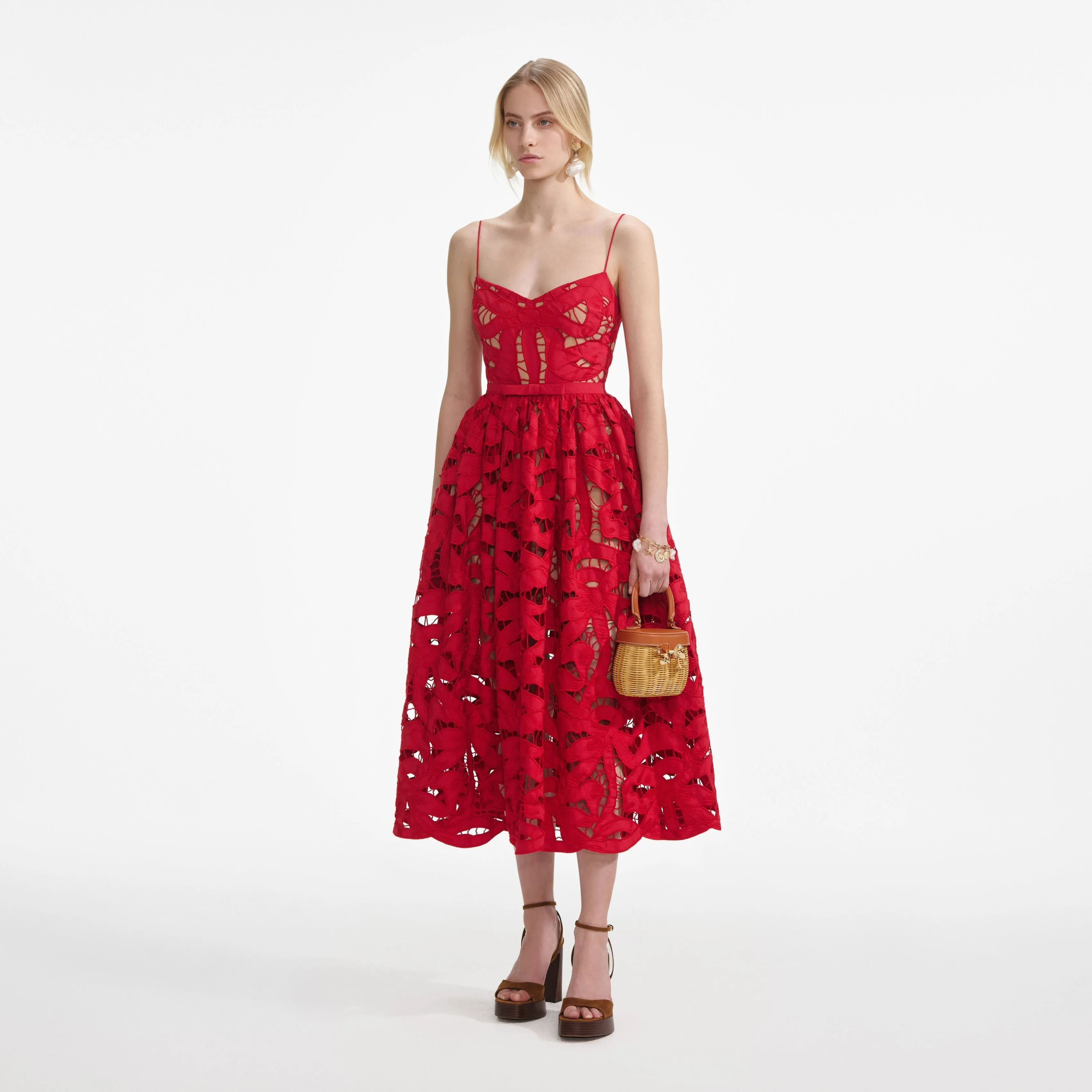 Self-portrait - Bow Embroidered Midi Dress - Red sold by Jessie Boutique product image thumbnail 5