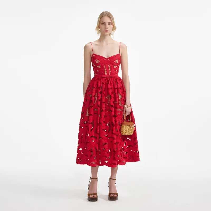 Self-portrait - Bow Embroidered Midi Dress - Red sold by Jessie Boutique