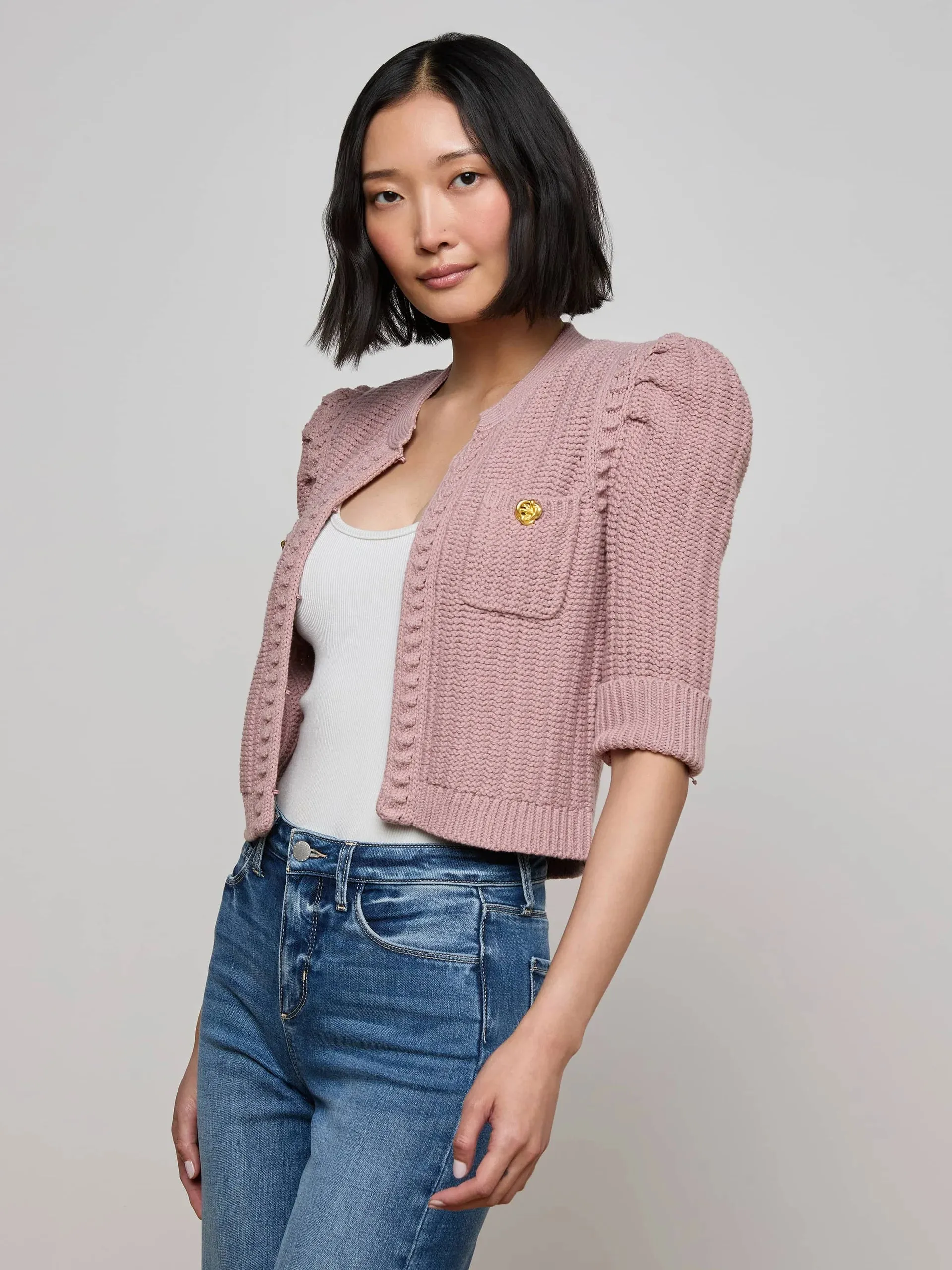 L’agence - Delilah Cropped Cardigan - Light Mauve/Gold sold by Jessie Boutique product image thumbnail 2