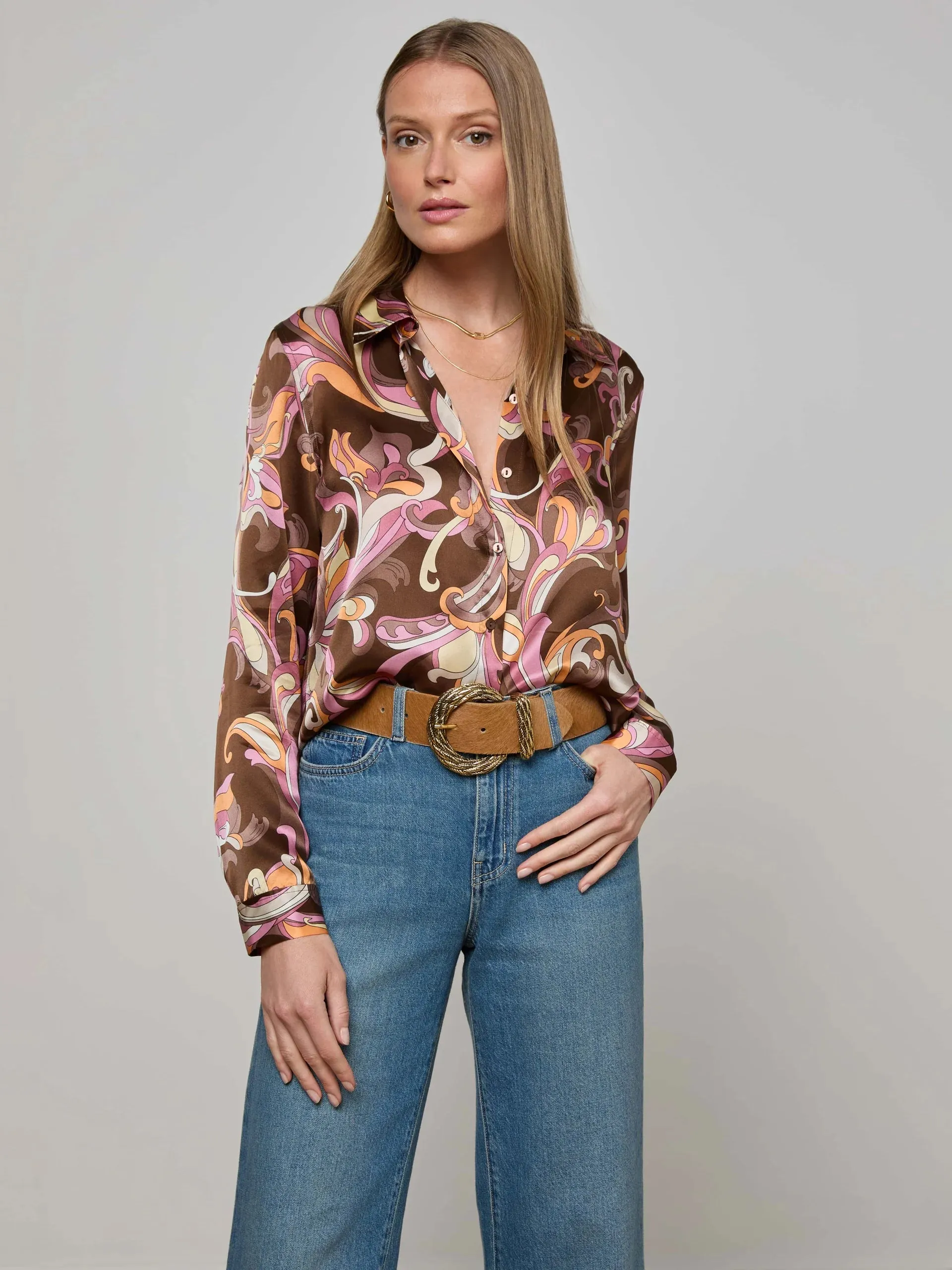 L'agence - Tyler Silk Blouse - Brown/Pink Multi Small Abstract Paisley sold by Jessie Boutique