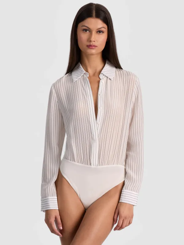 Alice + Olivia - Willa Silk Bodysuit - Off White/Black sold by Jessie Boutique