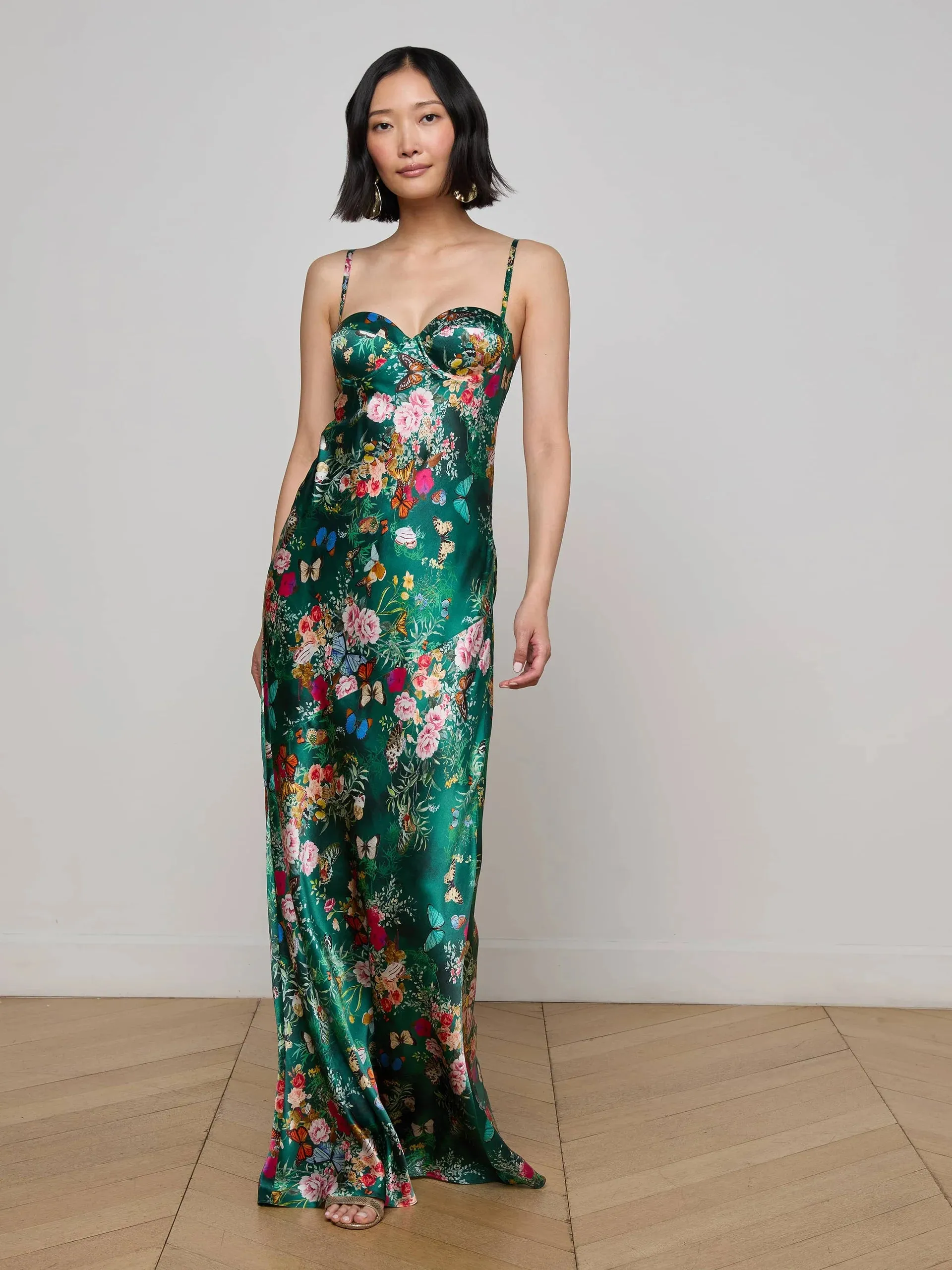 L’agence - Sayla Silk Gown - Bottle Green Multi Charonda Butterfly sold by Jessie Boutique
