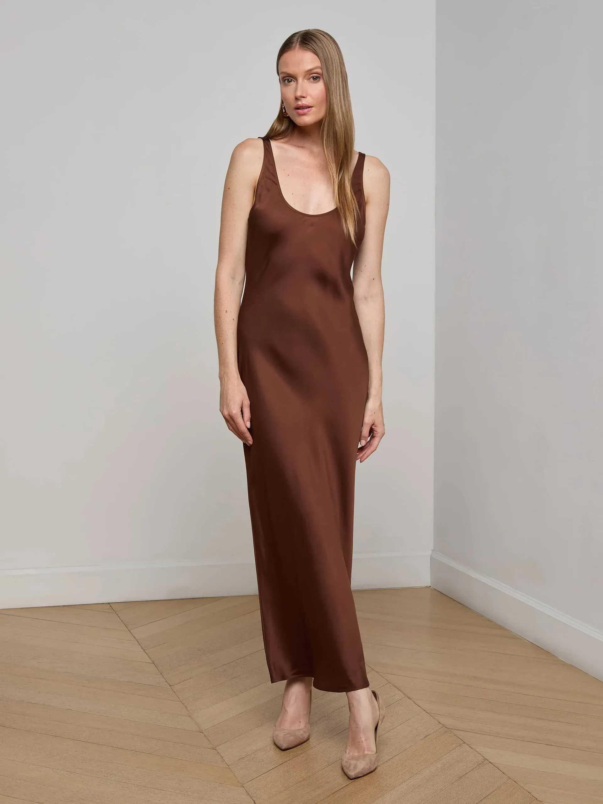 L'agence - Akiya Satin Maxi Dress - Hot Fudge sold by Jessie Boutique