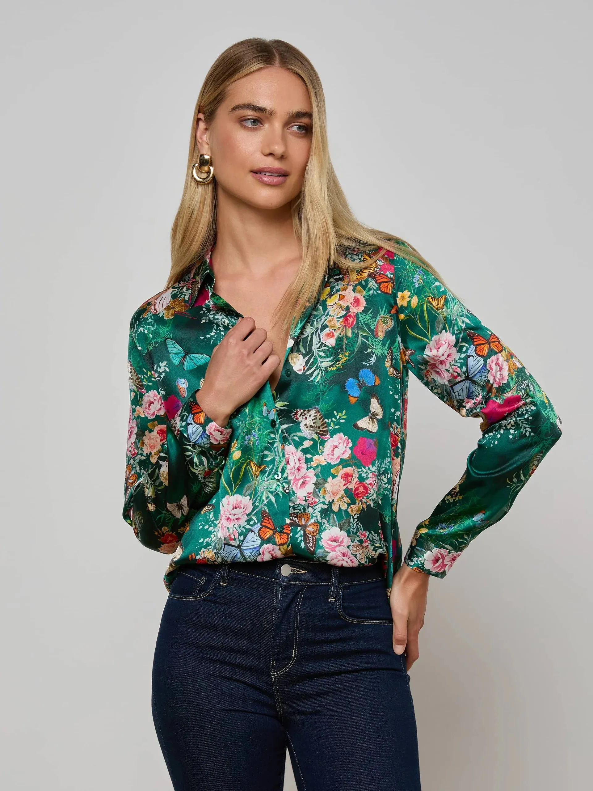 L'agence - Tyler Silk Blouse - Bottle Green Multi Charonda Butterfly sold by Jessie Boutique