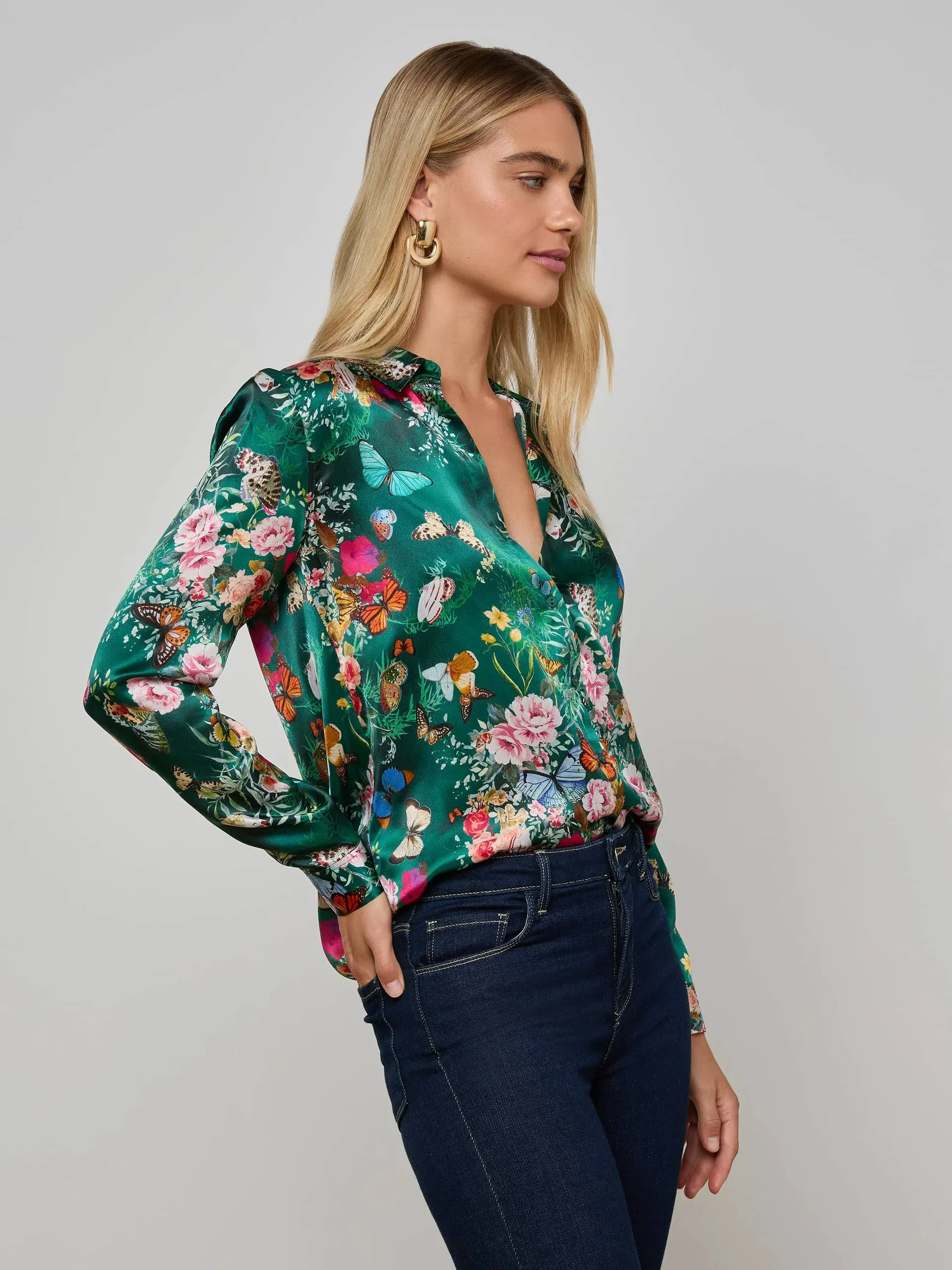 L'agence - Tyler Silk Blouse - Bottle Green Multi Charonda Butterfly sold by Jessie Boutique product image thumbnail 2