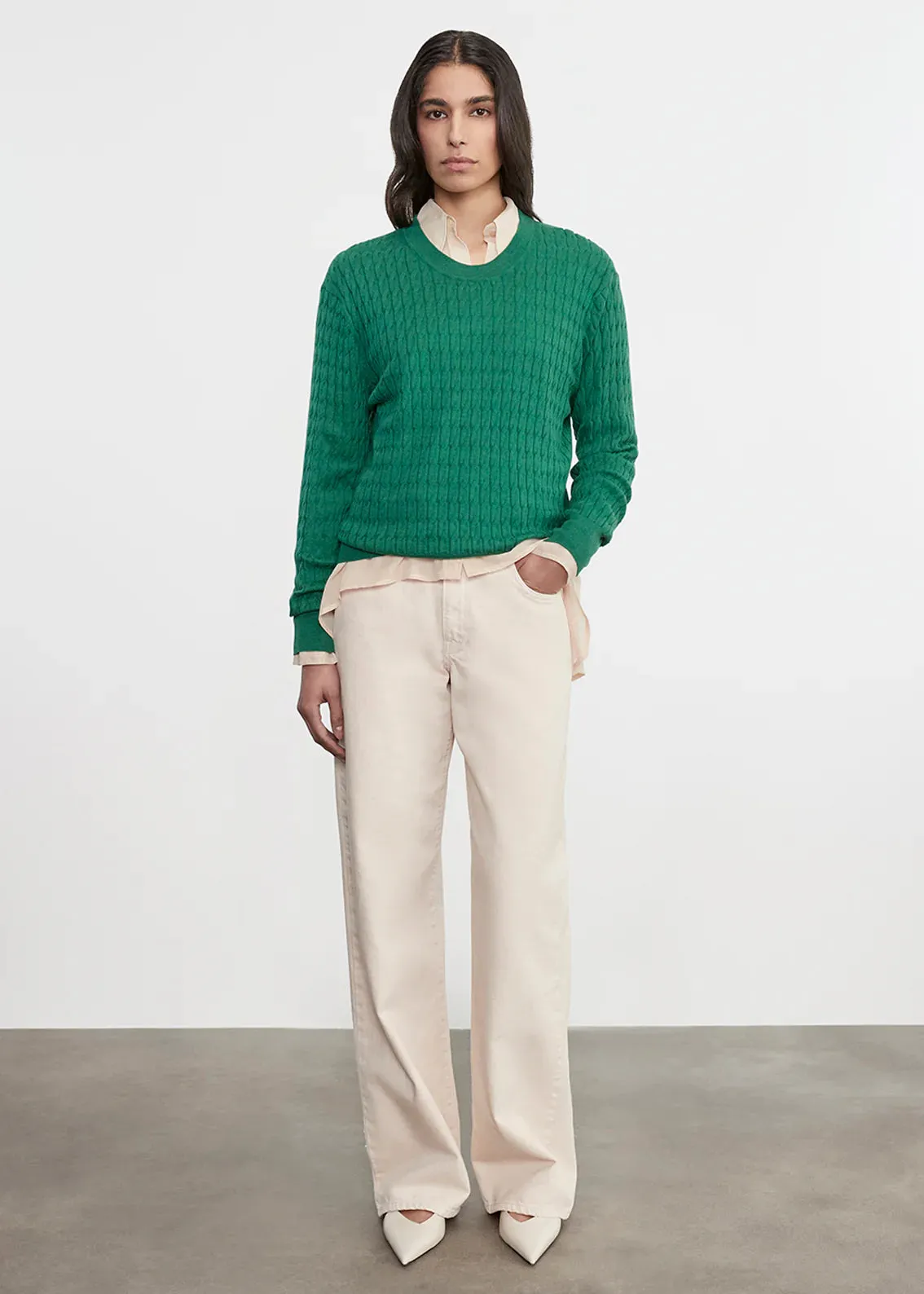 Enza Costa - Cashmere Cotton Cable Knit Easy Crew - Emerald sold by Jessie Boutique