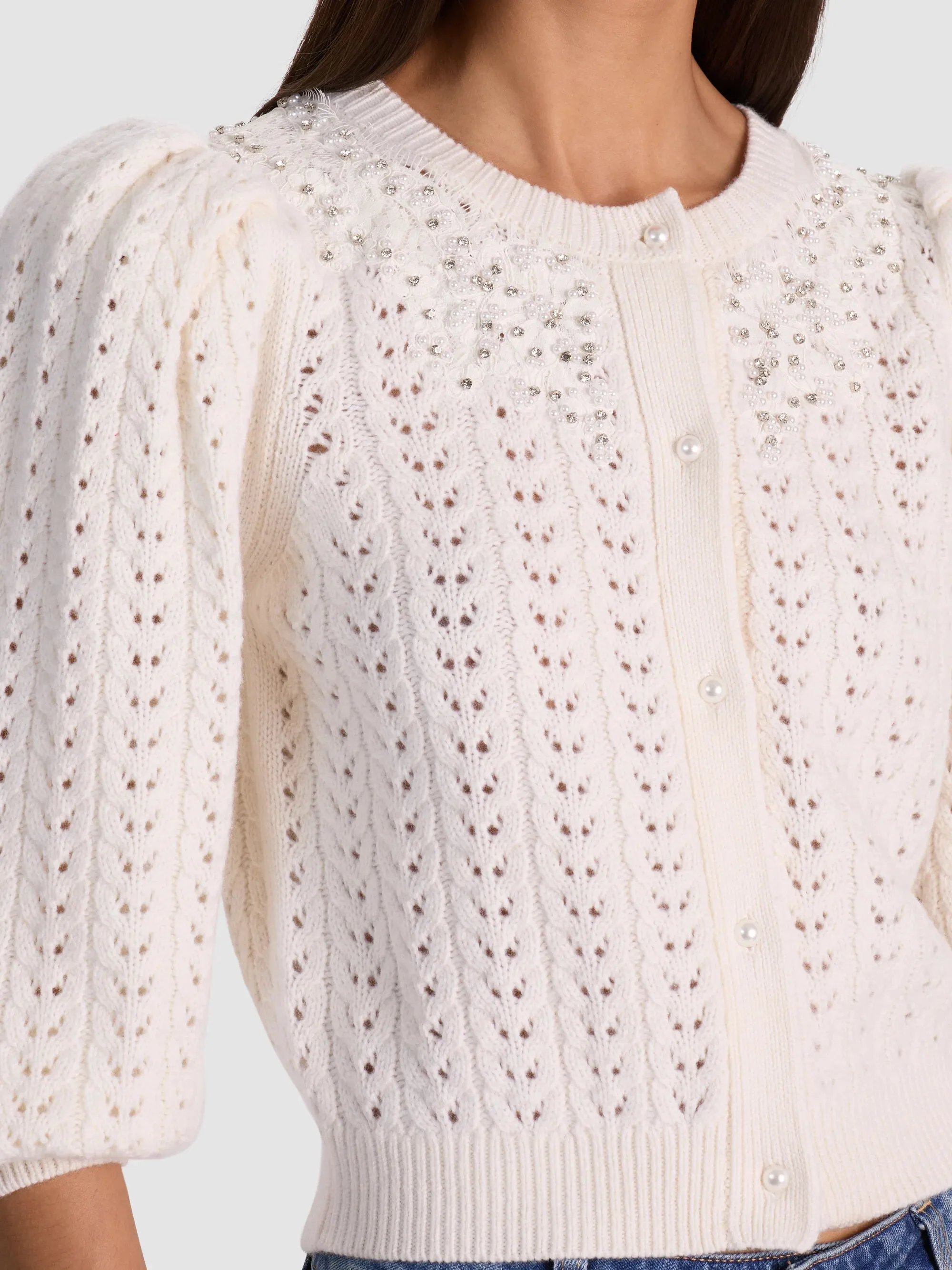 Alice + Olivia - Doris Puff-Sleeve Cardigan - Soft White sold by Jessie Boutique product image thumbnail 2