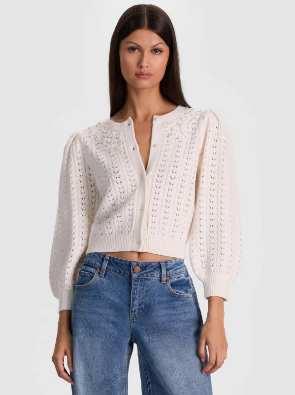 Alice + Olivia - Doris Puff-Sleeve Cardigan - Soft White made by Alice + Olivia