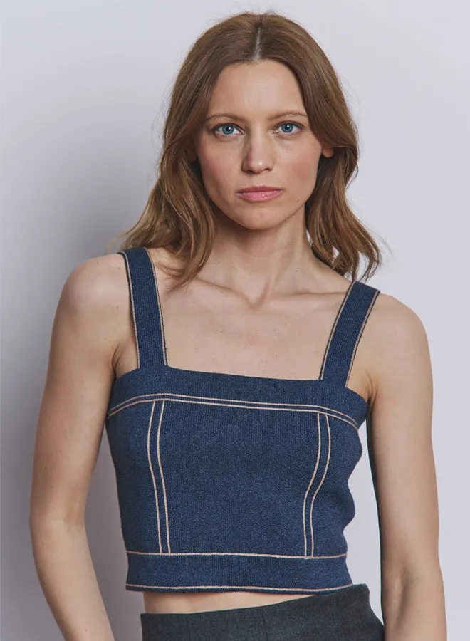 Autumn Cashmere - Cropped Top Stitched Tank - Denim//Camel sold by Jessie Boutique