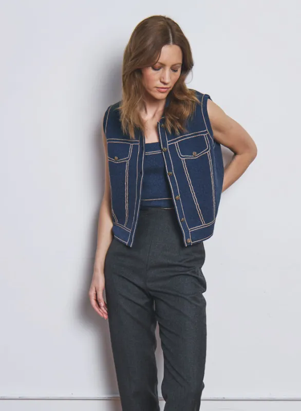 Autumn Cashmere - Sleeveless "Denim Jacket" Vest - Denim//Camel sold by Jessie Boutique