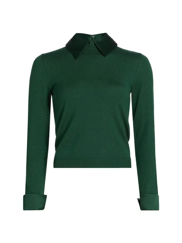 Alice + Olivia - Porla Stretch Wool Contrast-Collared Sweater - Green Mystique sold by Jessie Boutique