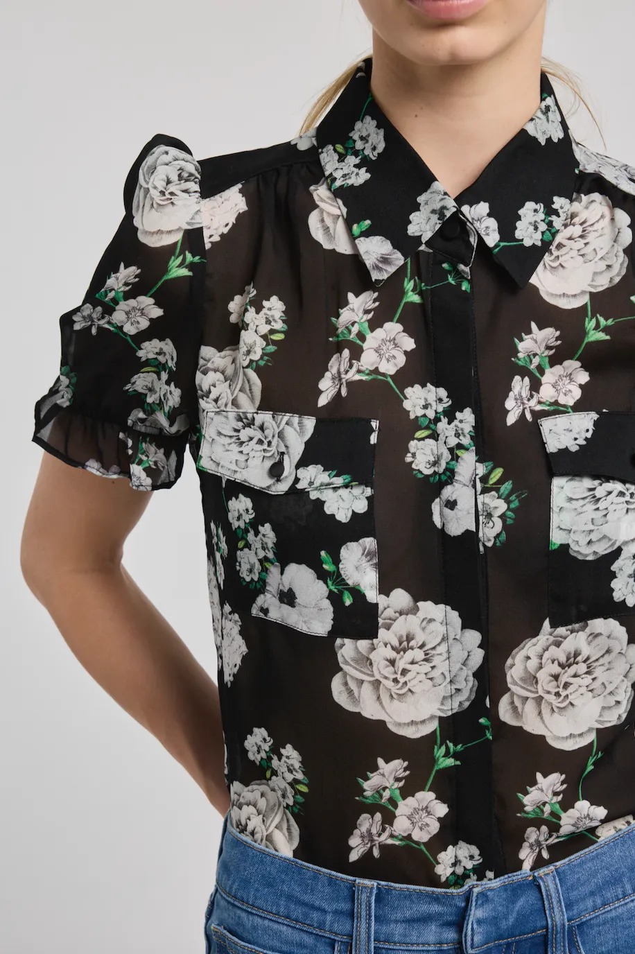 Generation Love - Mina Floral Georgette Shirt - Gardenia Black/White sold by Jessie Boutique