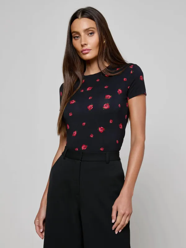 L'agence - Ressi Fitted Tee - Black/Red Rose Embroidery sold by Jessie Boutique