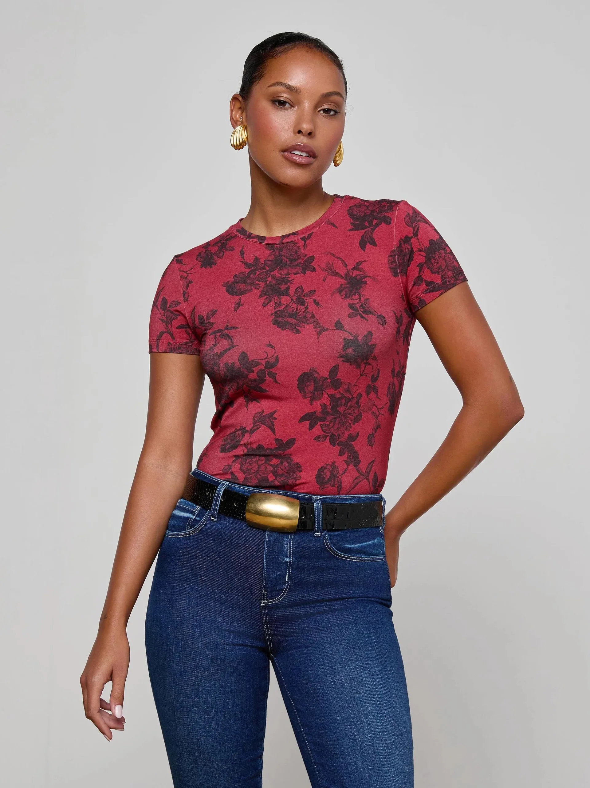 L'agence - Ressi Fitted Tee - Burgundy Painterly Floral sold by Jessie Boutique